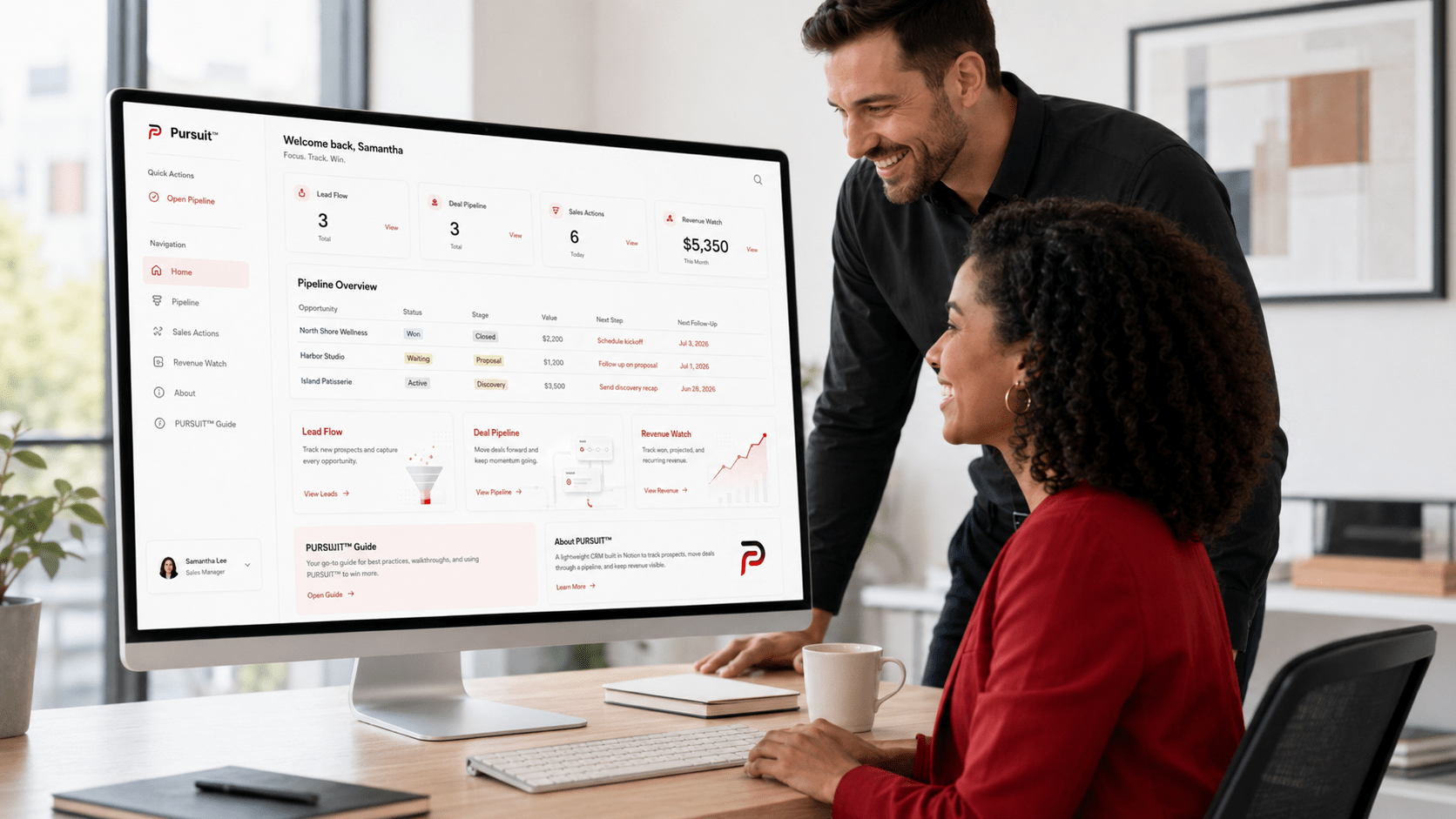 Business owners using the Pursuit™ sales CRM system to track leads, deals, follow-ups and revenue.