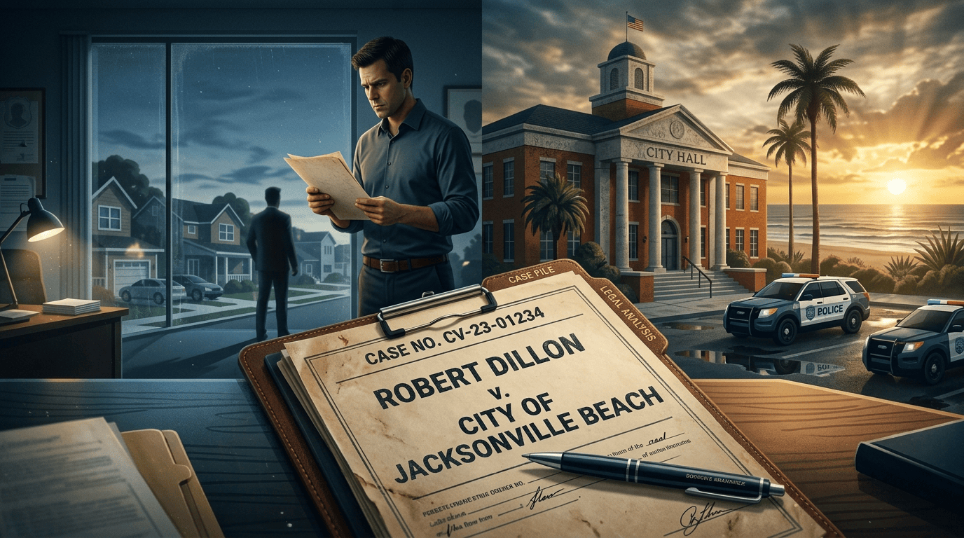 Case file reading “CASE NO. CV-23-01234 ROBERT DILLON V. CITY OF JACKSONVILLE BEACH,” with “LEGAL ANALYSIS,” City Hall, and Police Beach badge