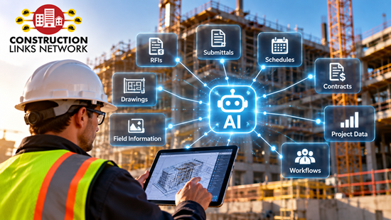 Construction professional using agentic AI to connect project data, RFIs, submittals, schedules and workflows