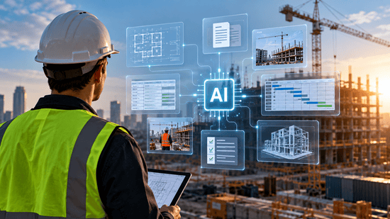 Construction professional using connected project data and AI on an active construction site
