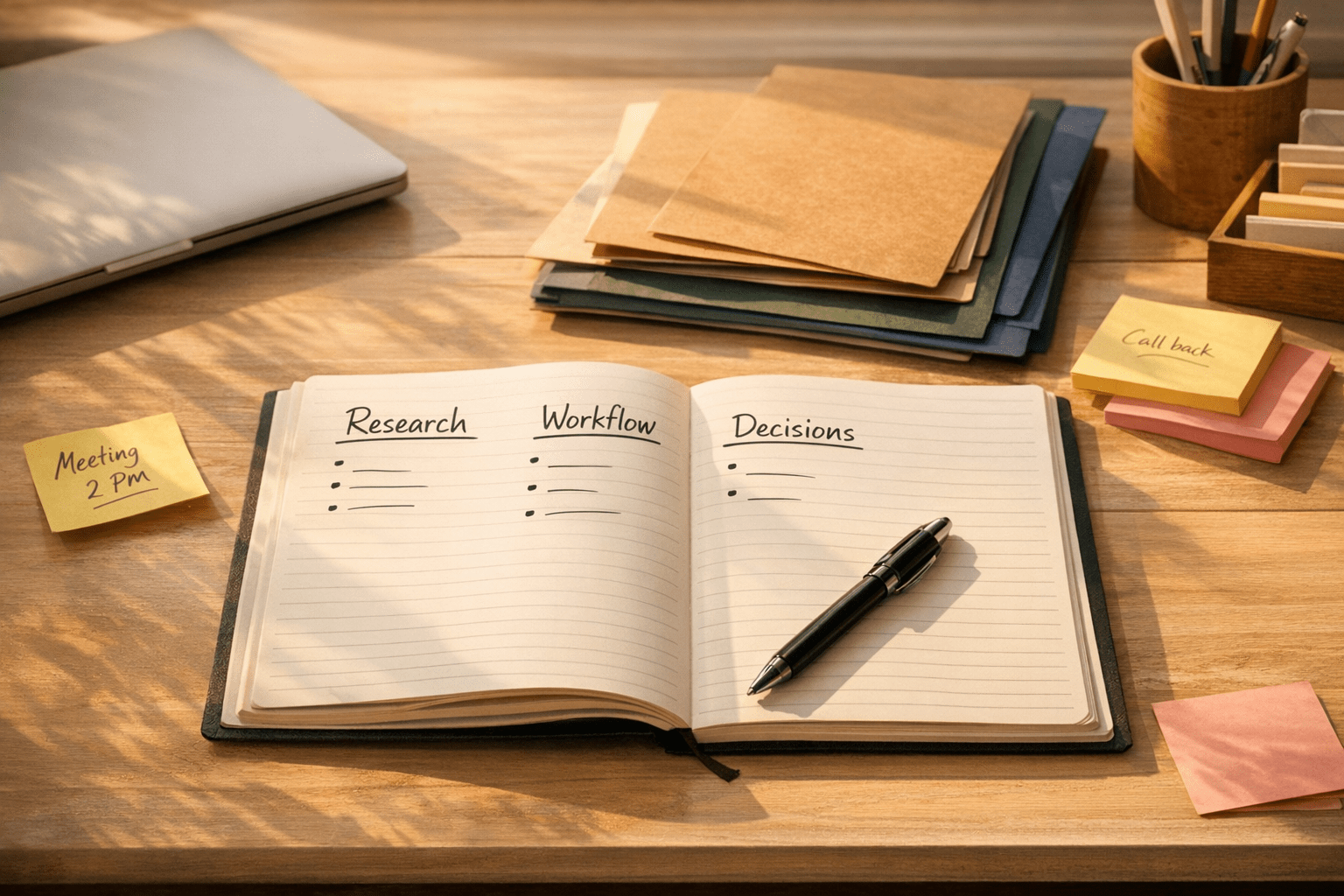 A clean office workbench with labeled business tasks arranged beside a laptop and notebook, representing choosing the right AI agent for the job.