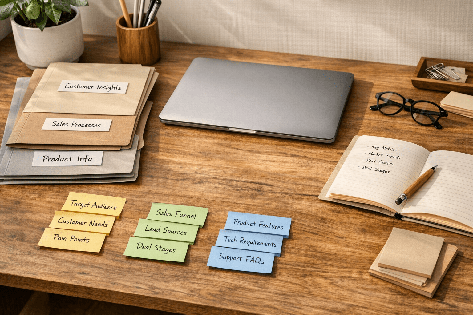 A calm office desk with organized business notes, folders, and a laptop representing reusable AI context.