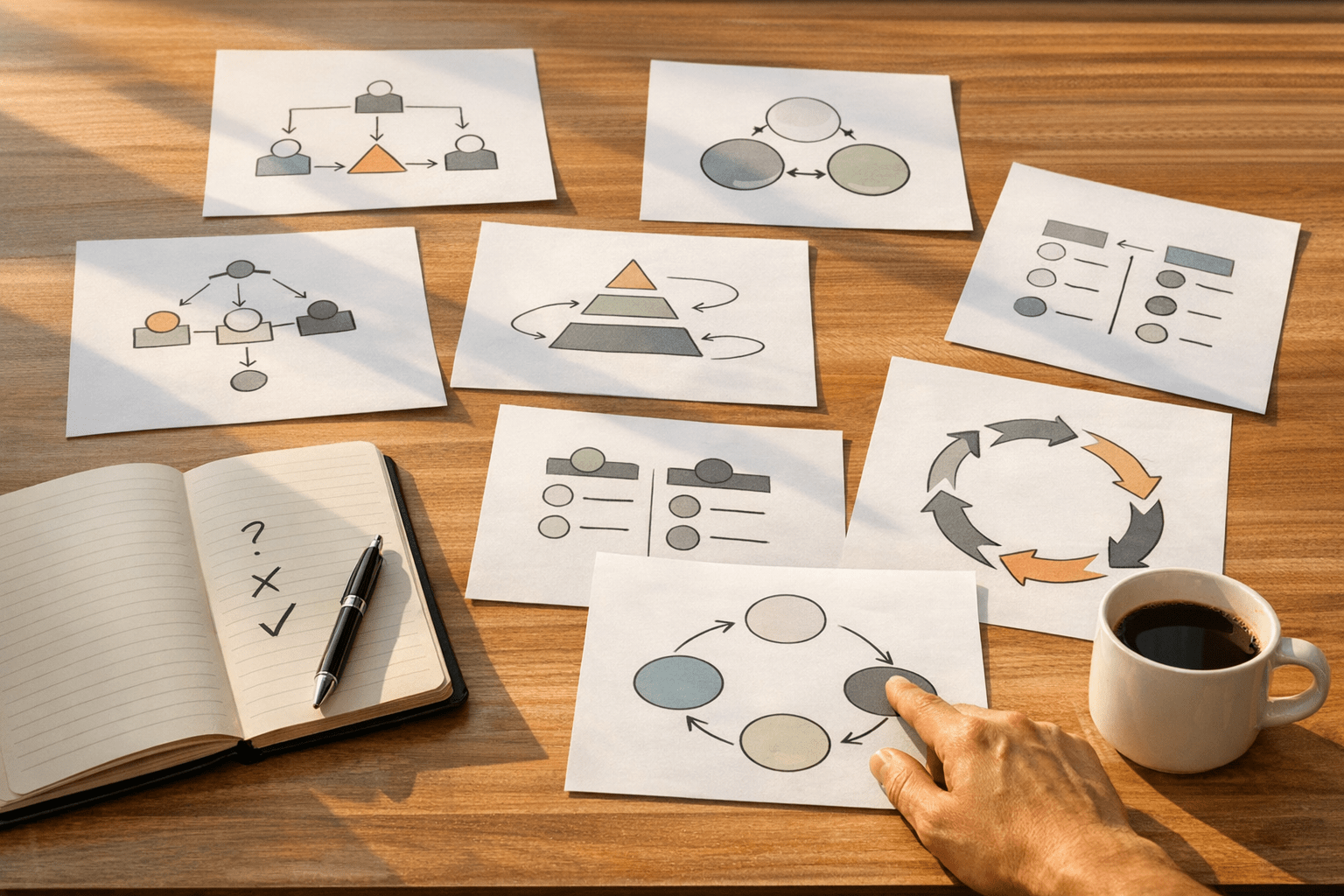 A calm office worktable with several printed AI-generated options being reviewed beside a notebook and coffee.