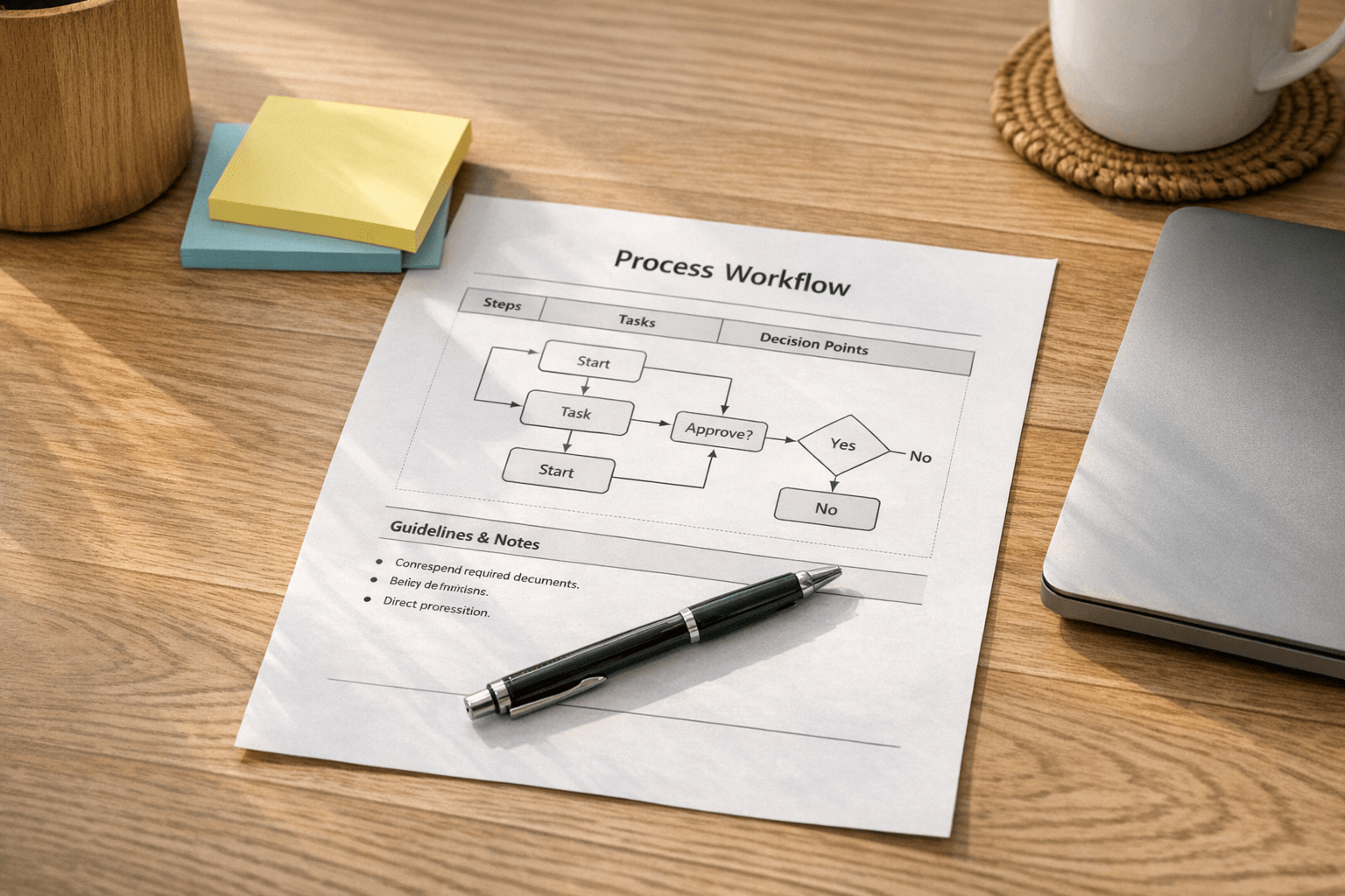 A calm office desk with a printed process document, sticky notes, and a laptop, representing preparation before delegating work to AI agents.