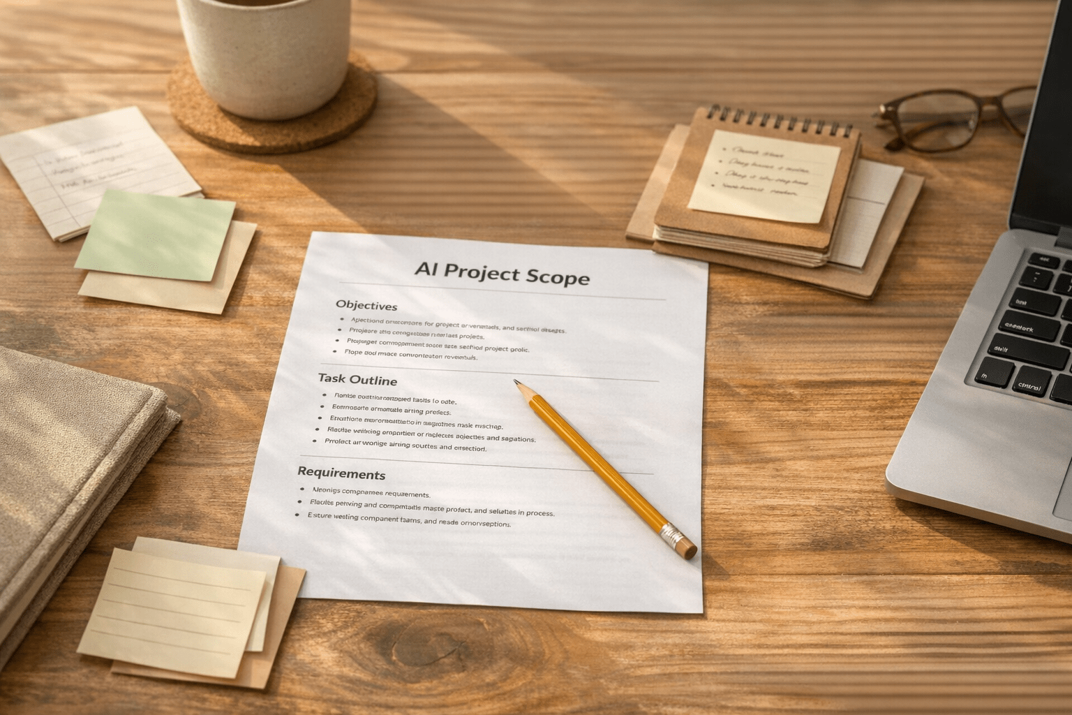 A clean desk with a printed project brief, pencil, and organized notes showing the idea of scoping AI work before running automation.
