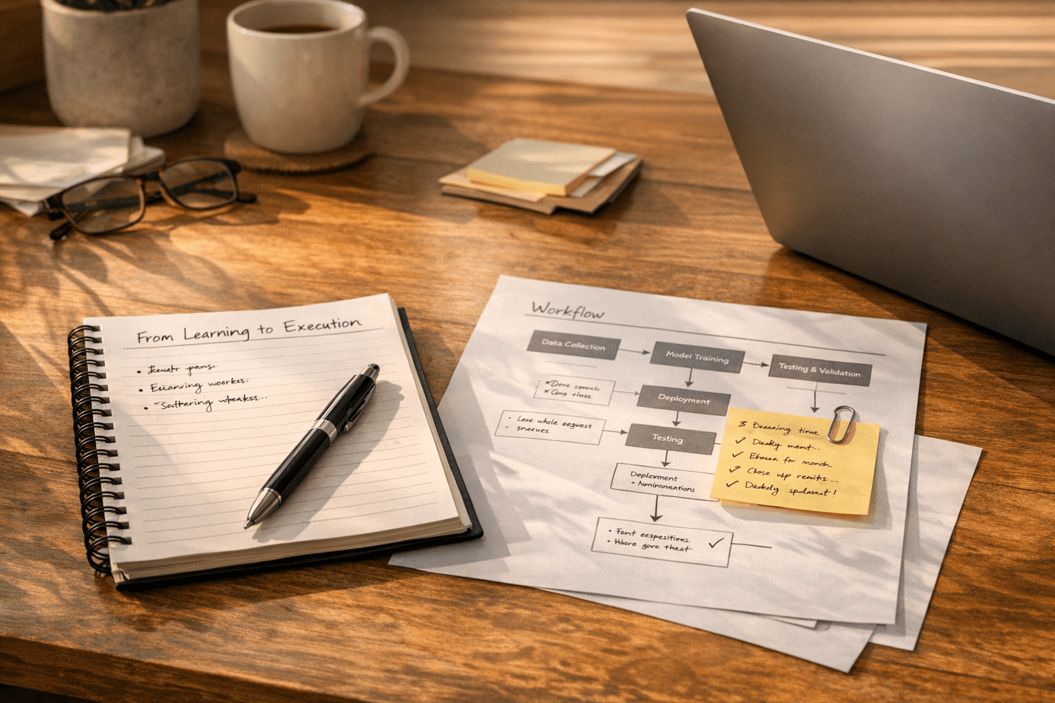 A calm office desk with a notebook, printed workflow notes, and a laptop showing a simple AI planning workspace without readable screen text.