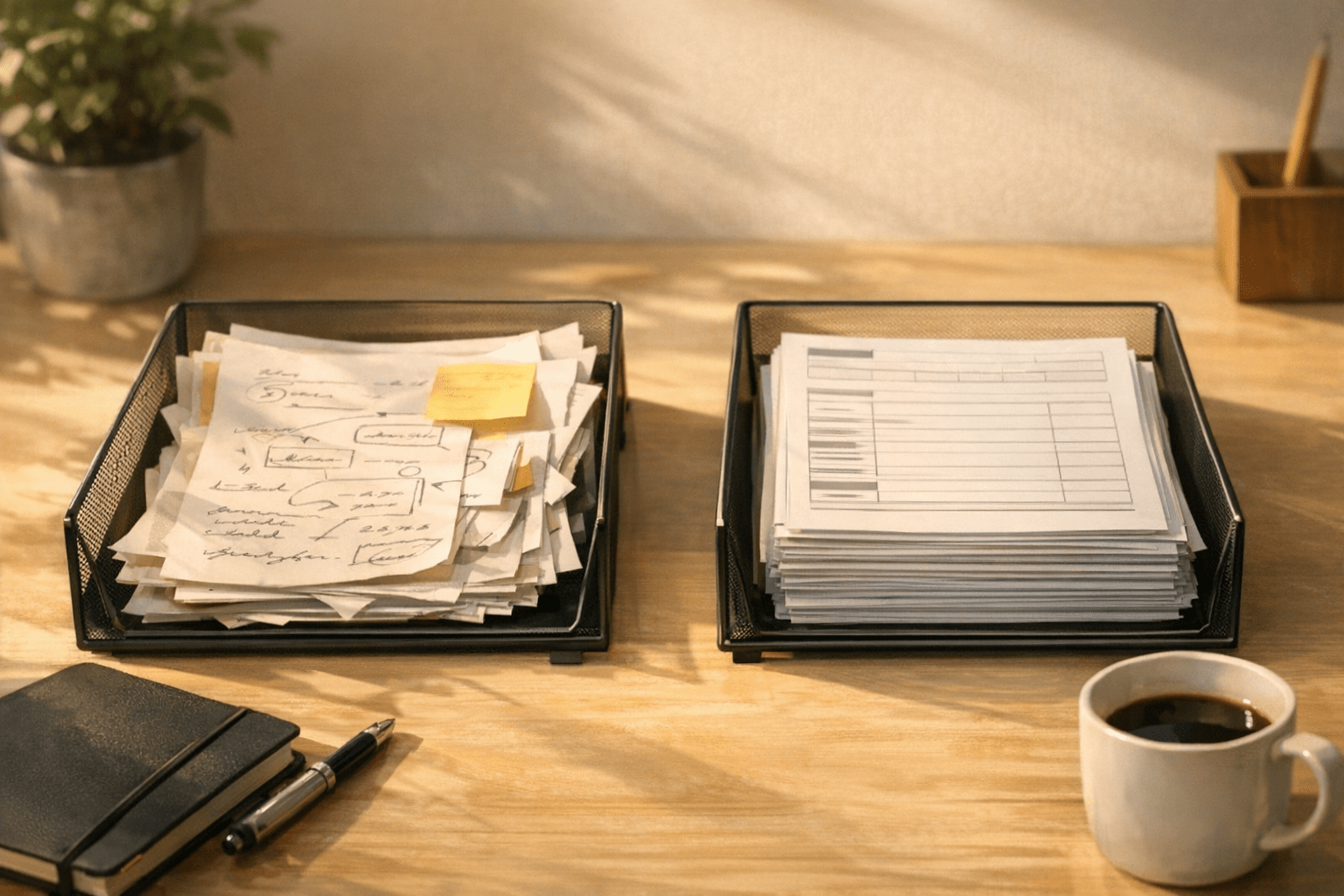 A calm office desk showing two trays labeled for human judgment and automated work, representing the split between people and AI.