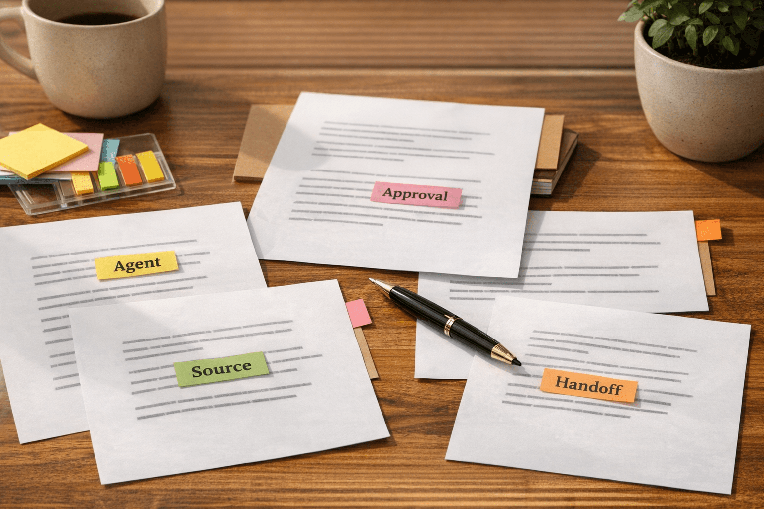 A calm office table with printed notes, sticky tabs, and a highlighted workflow term sheet for aligning AI and automation language.