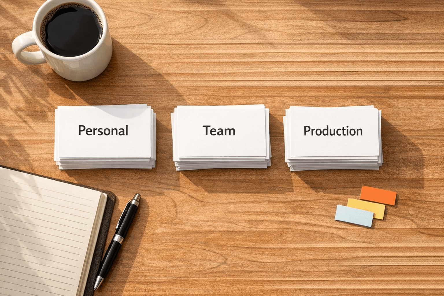 A calm office desk with printed workflow cards sorted into personal, team, and production categories.