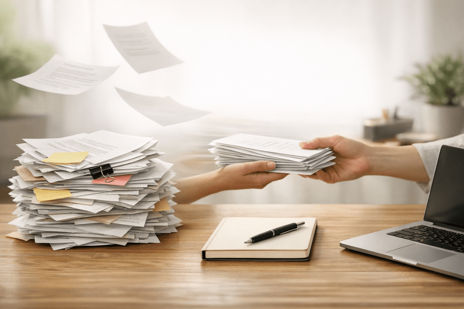 A calm office desk showing papers moving from a manual inbox toward a clear AI-assisted work area.