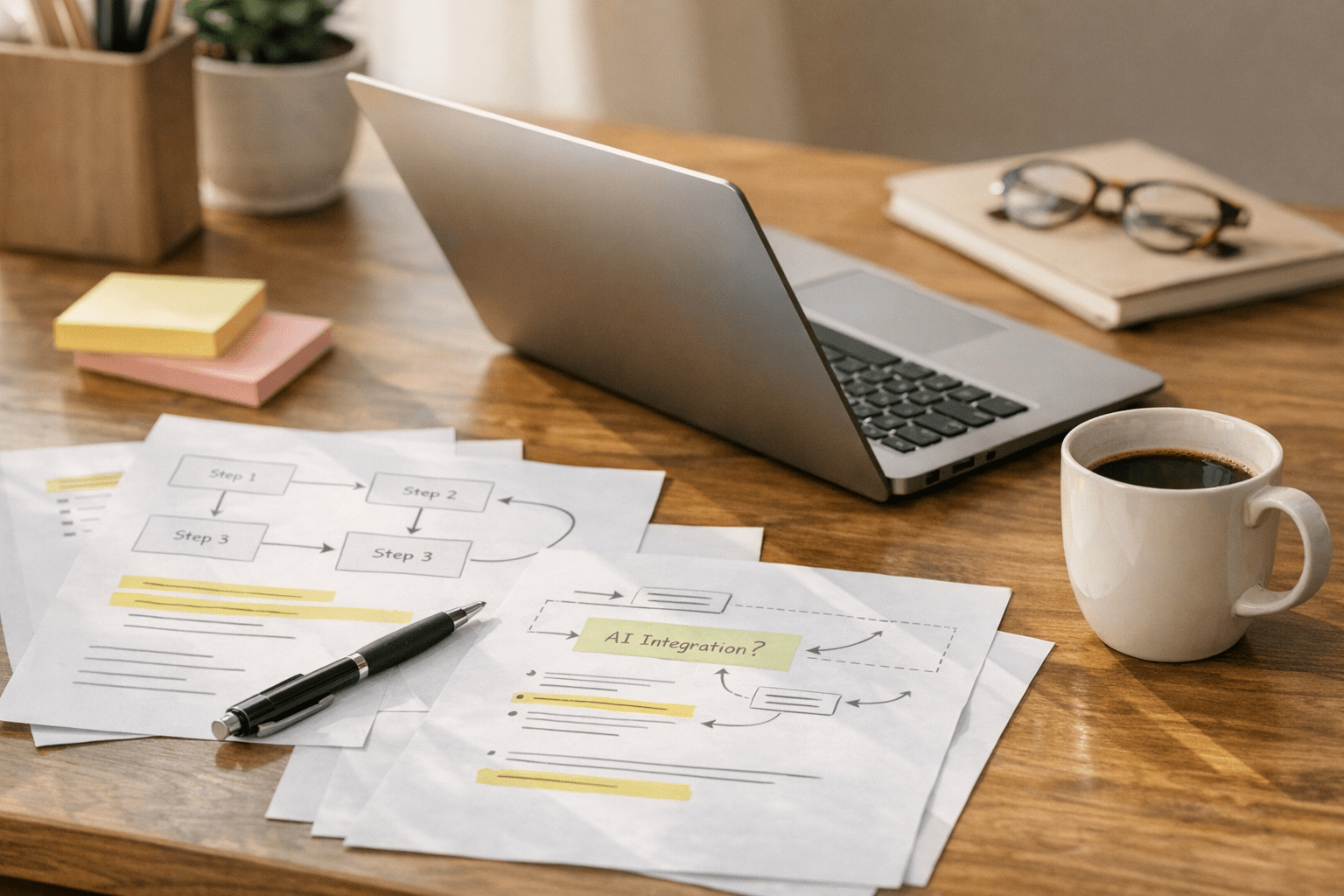 A clean office desk with printed workflow notes, a laptop, and marked decision points for validating an AI workflow.