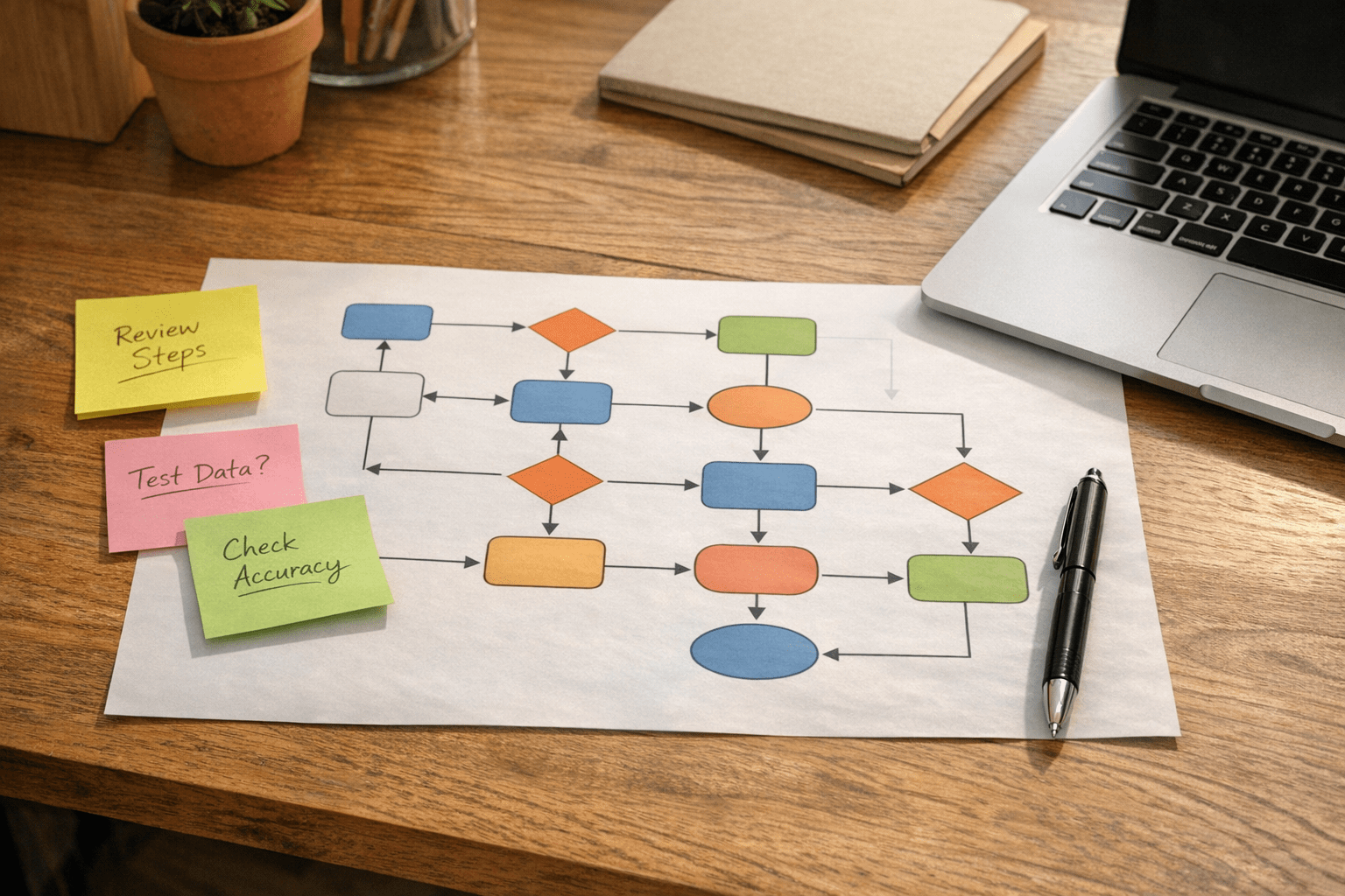 A calm office desk with a printed workflow map, sticky notes, and a laptop suggesting AI workflow validation.