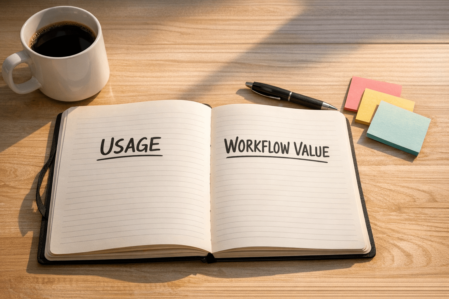 A calm office desk with AI usage notes beside a real workflow improvement plan