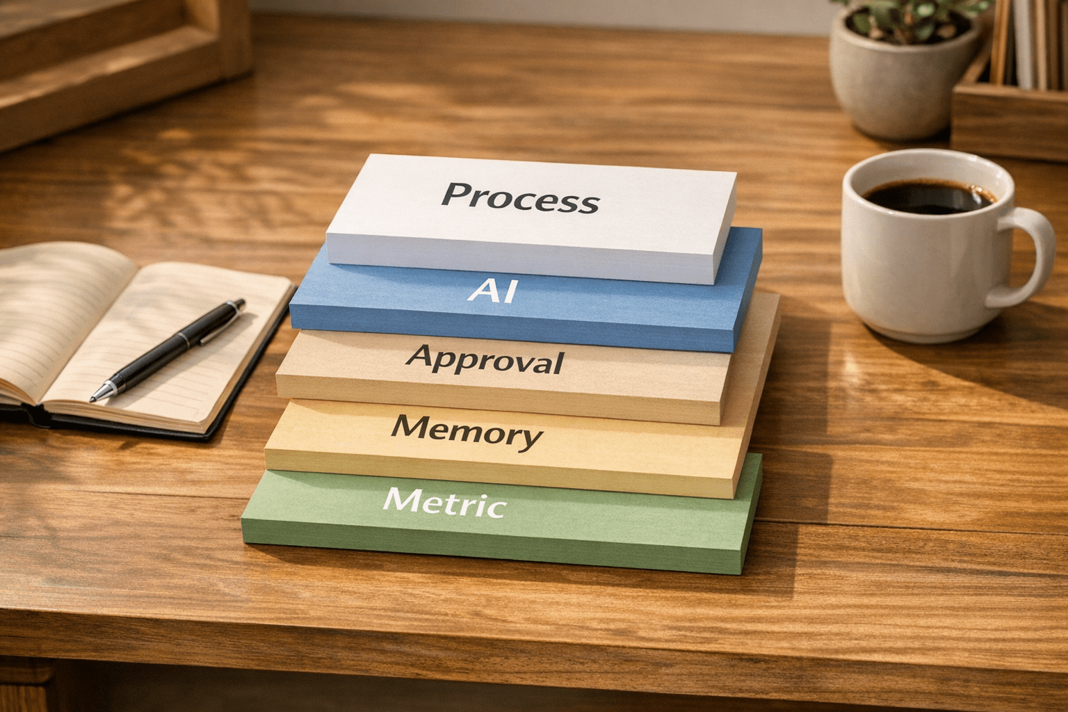 A calm office workbench with layered paper cards representing process, AI decisions, human review, memory, and metrics.