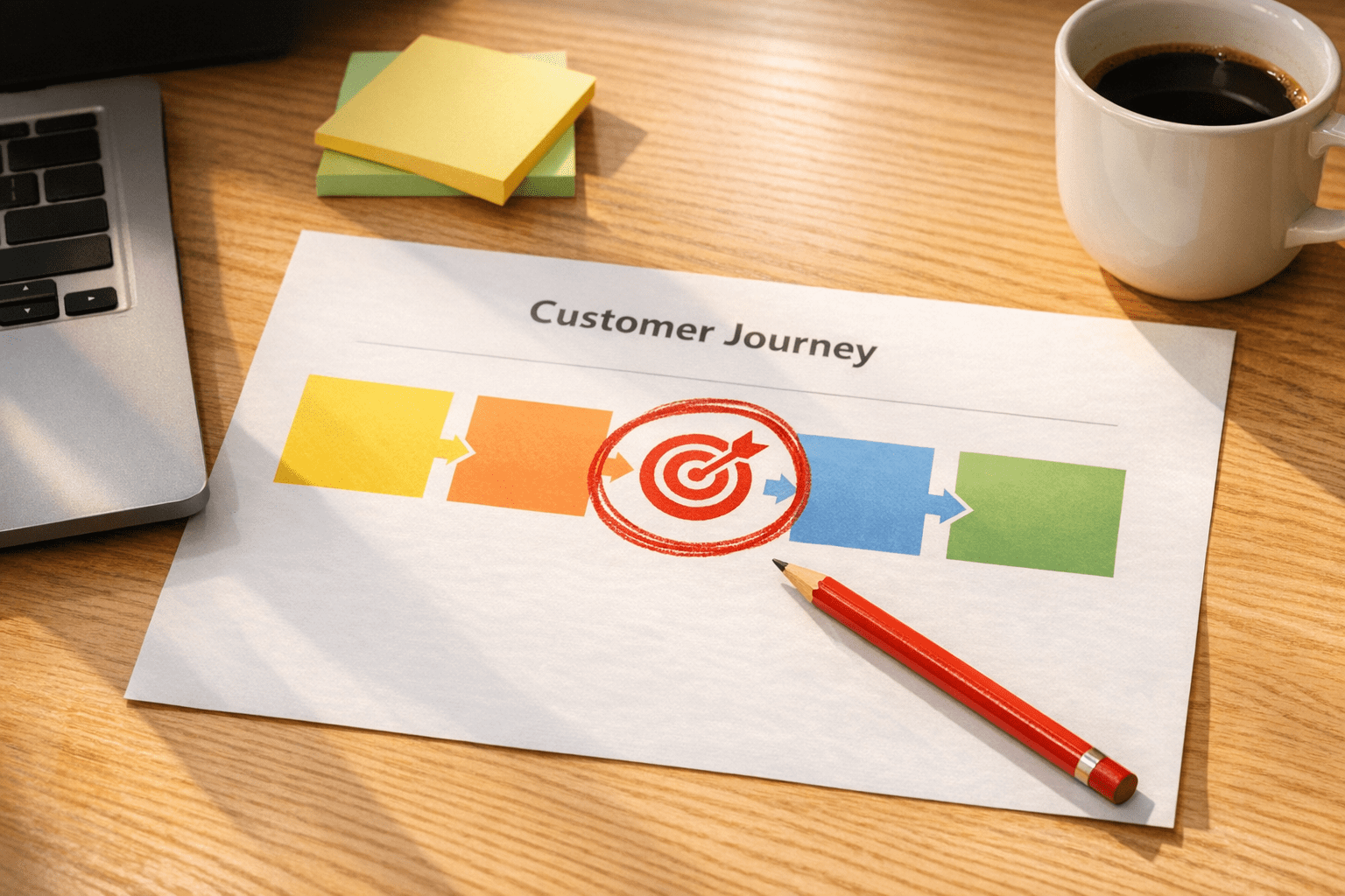 A calm desk scene with a marked customer journey card and a single highlighted conversion point