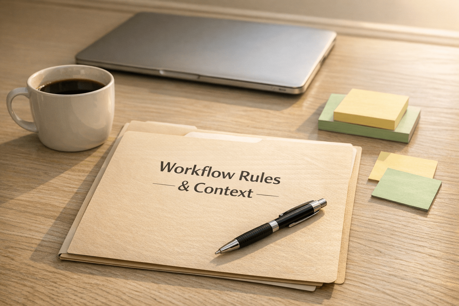 A calm office desk with a labeled folder of workflow rules placed before a laptop, representing context before automation.
