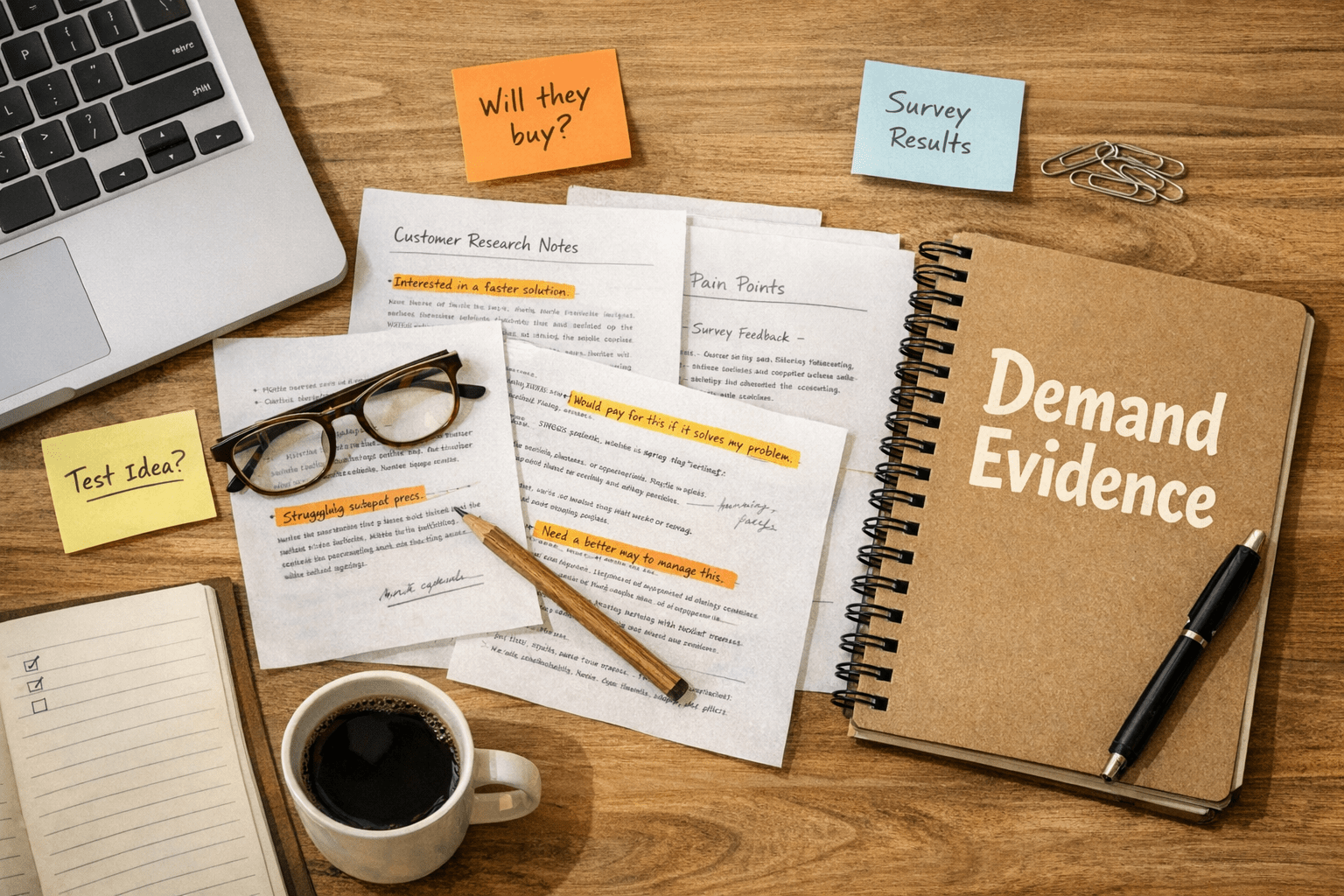 A calm desk scene with printed customer notes, highlighted pain points, and a laptop used for business idea validation.