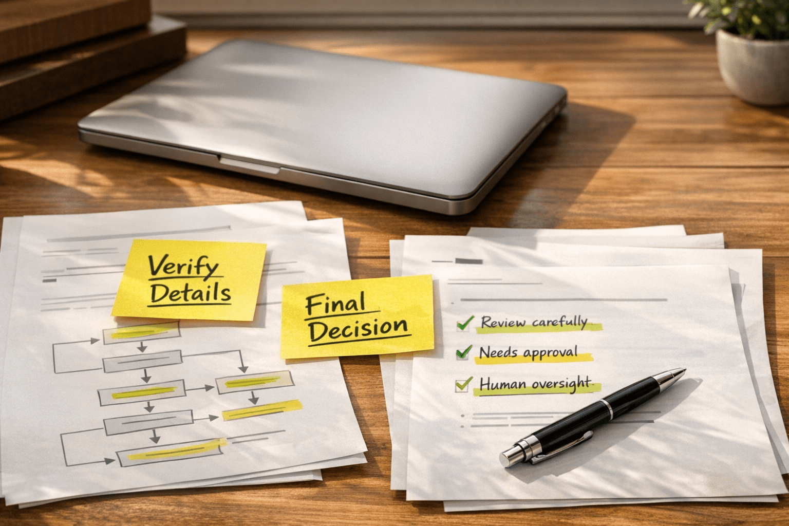 A calm office desk with papers, a laptop, and highlighted decision notes showing human judgment before automation.