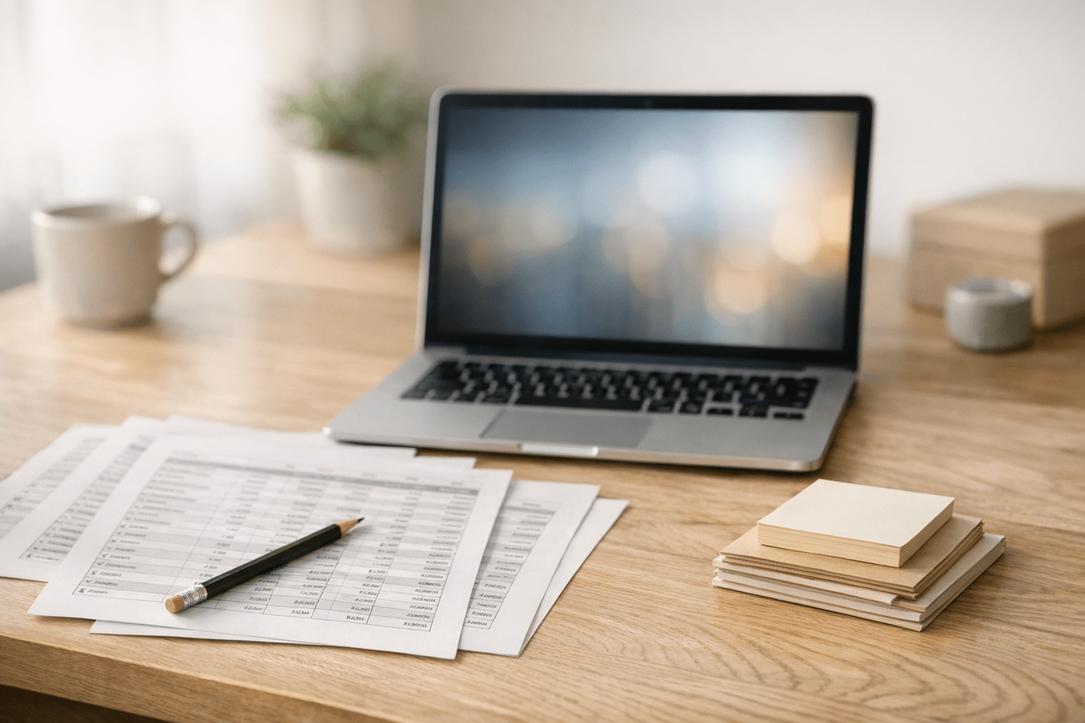 A calm desk scene with printed data exports, a laptop, and organized notes representing a local business decision tool.