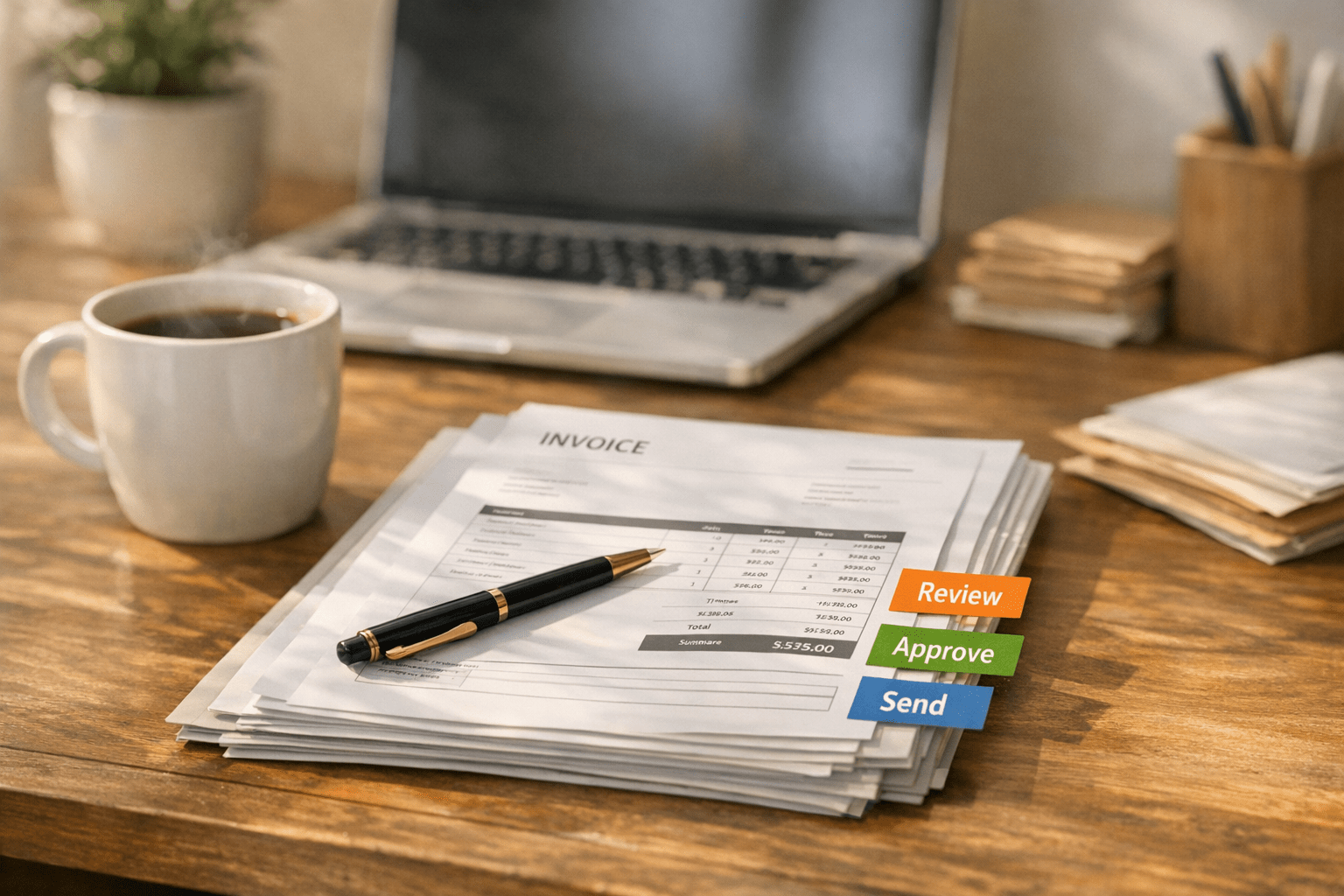 A calm office desk with organized paperwork, a laptop, and marked approval notes representing small business admin workflows.