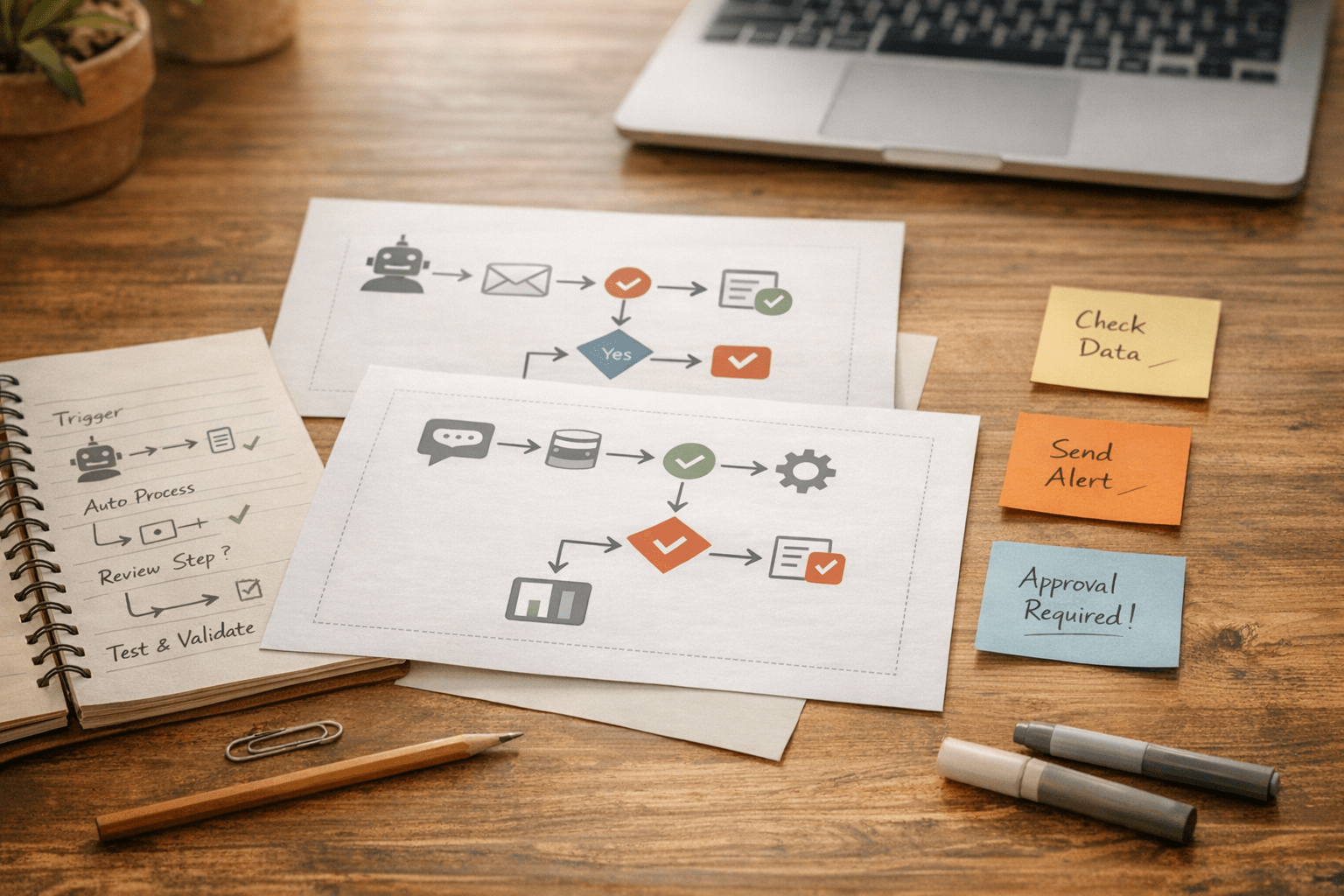 A calm desk scene with printed workflow screens, notes, and a laptop representing a visual automation specification.