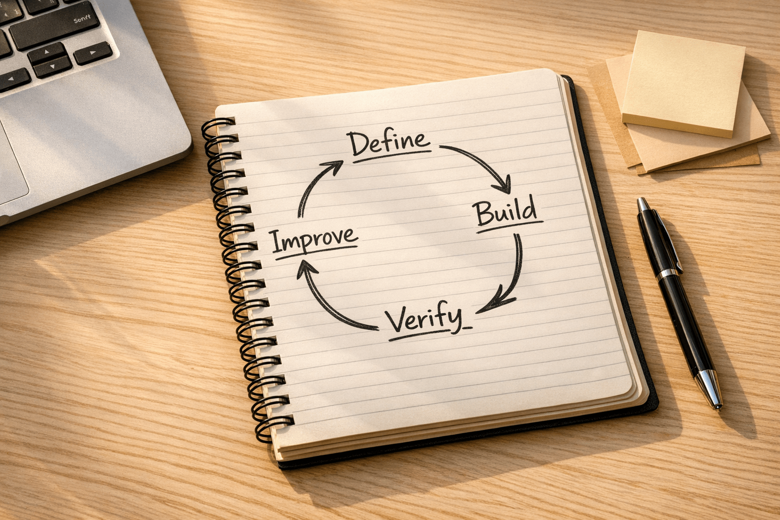 A calm office desk with a notebook showing a simple circular improvement loop for workflow updates