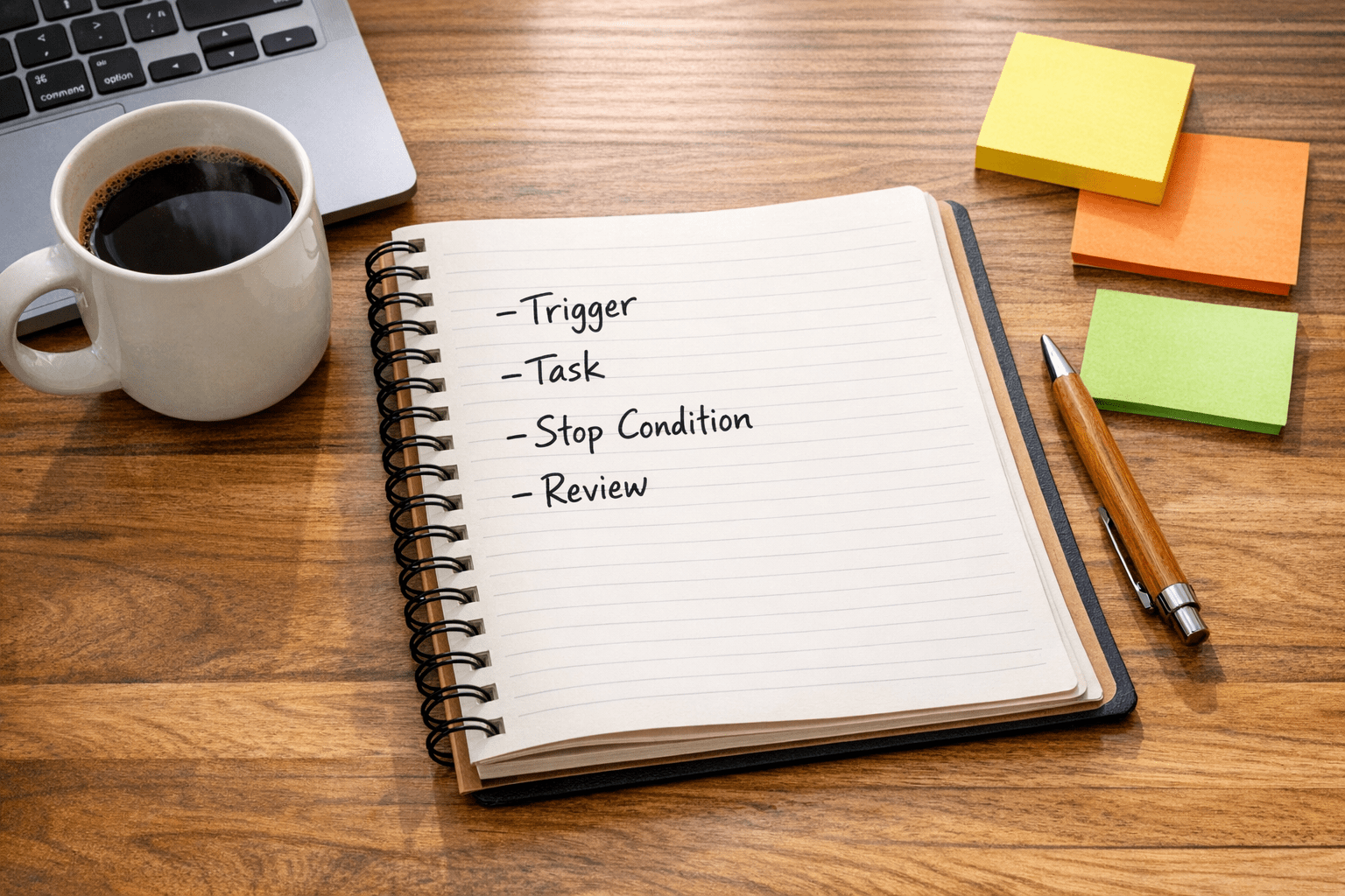 A calm office desk with a notebook outlining an AI agent job, trigger, task, stop condition, and review step.