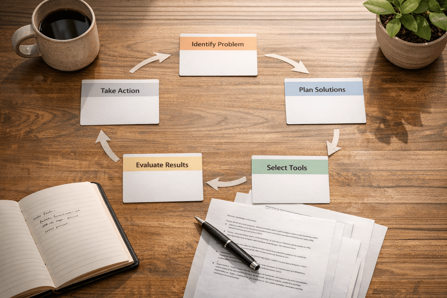 A calm office workbench with papers, a notebook, and a circular arrangement of task cards representing an AI agent workflow loop.