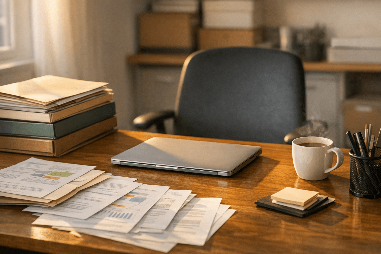 A calm office workbench with organized folders, notes, and an empty chair suggesting an automated operator handling routine work.