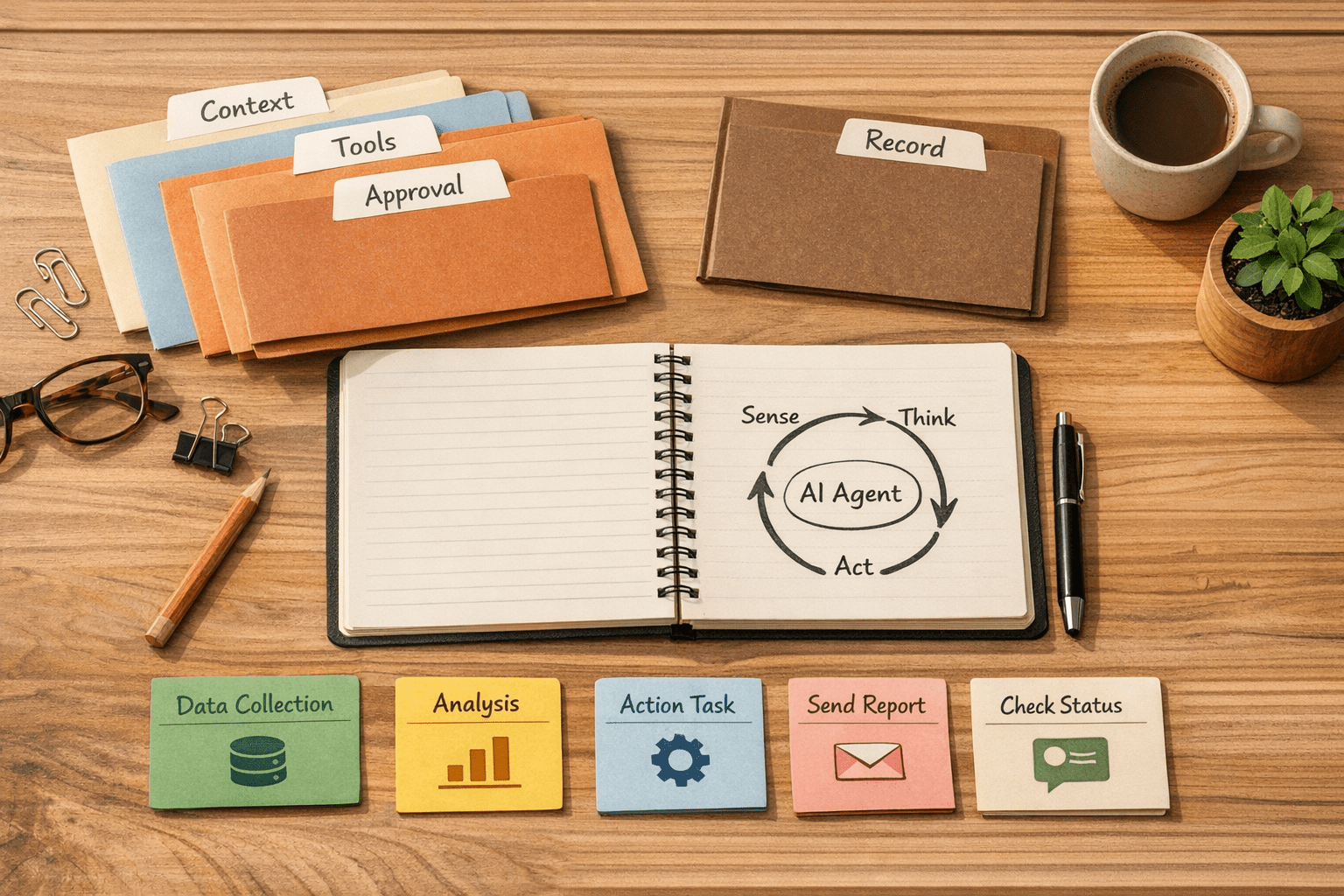 A calm office desk with a notebook, labeled folders, and task cards representing an AI agent workflow with controlled actions.