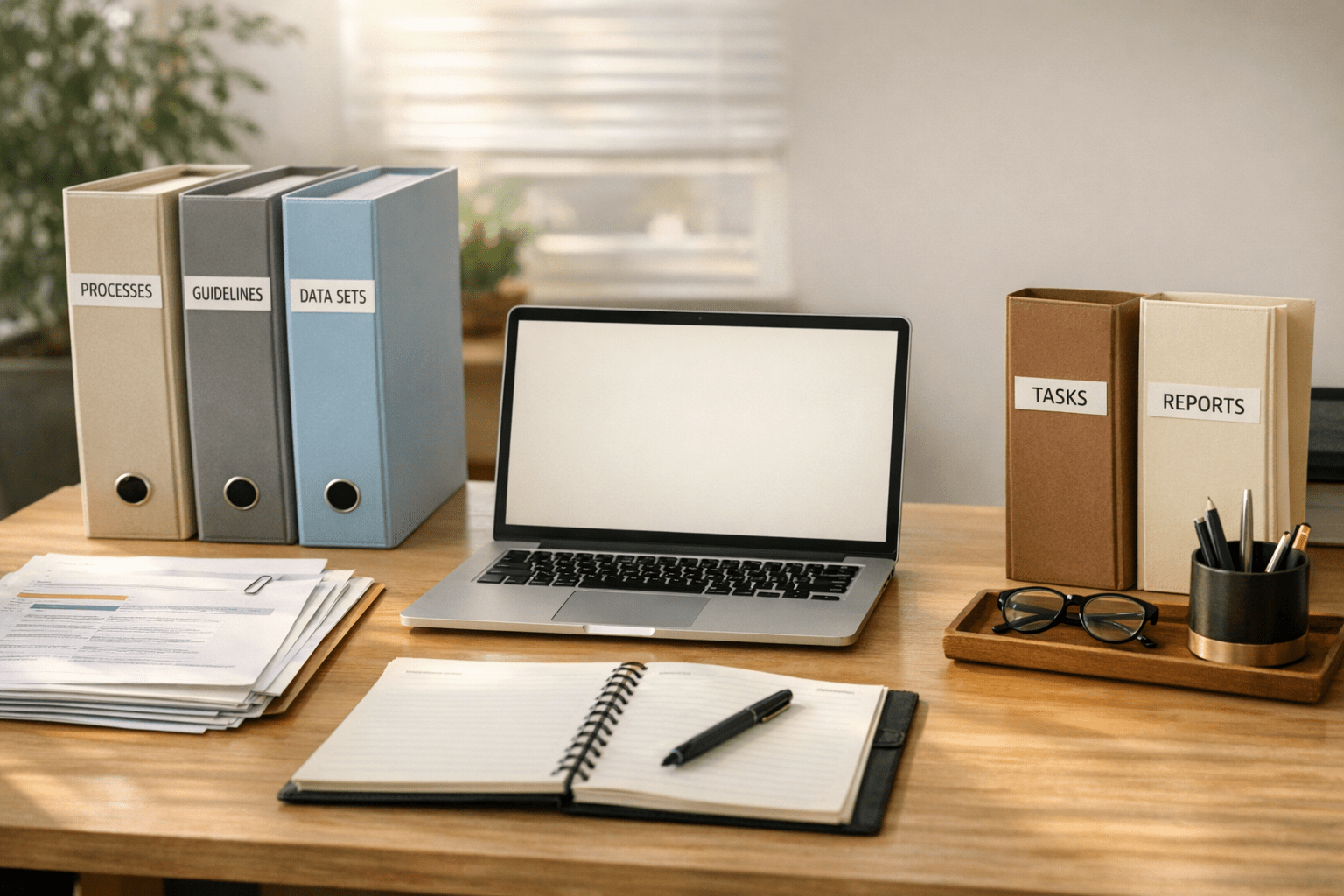 A clean desk with organized folders, notes, and a laptop representing an AI agent working from structured business context.