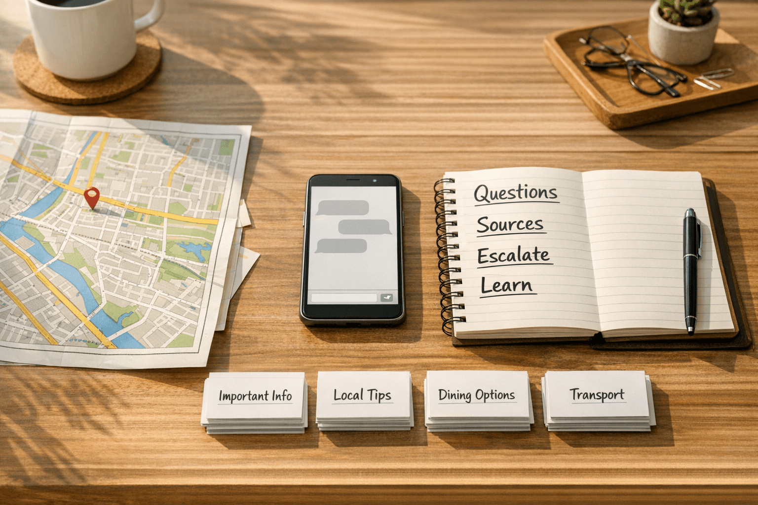 A calm office desk with a notebook, city map, phone, and organized reference cards representing an AI concierge workflow.