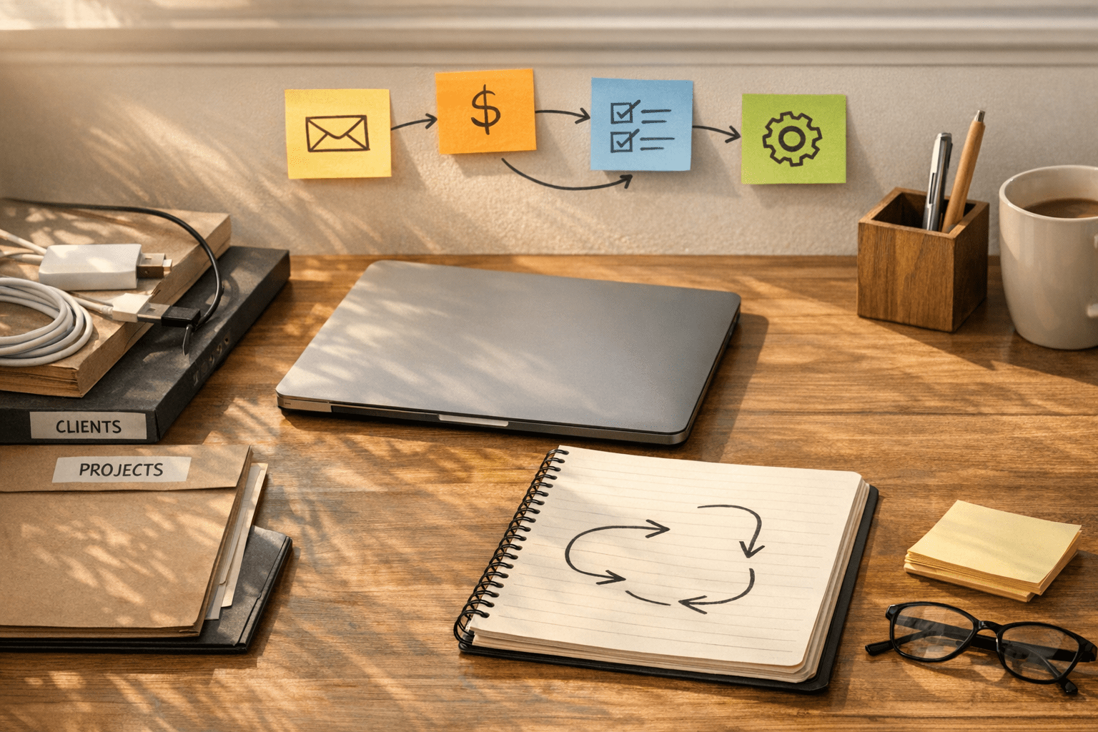 A calm desk scene with a laptop, notebooks, client folders, and cables arranged to suggest AI connected to real business work.