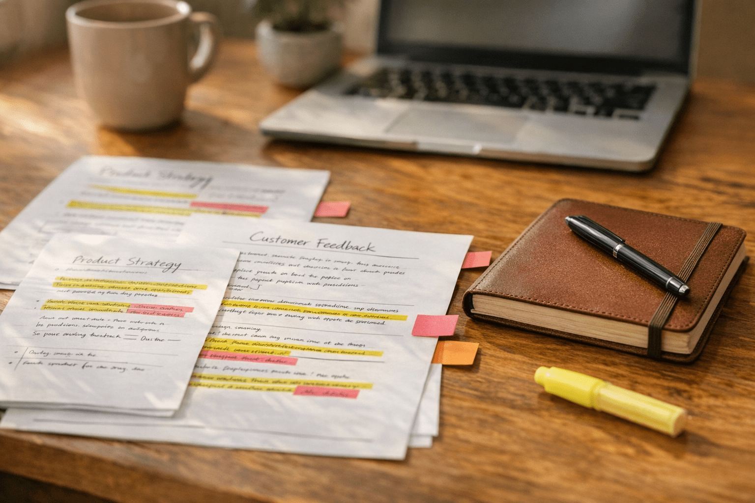 A calm office desk with printed customer notes, a laptop, and highlighted workflow decisions showing AI supported by human context.