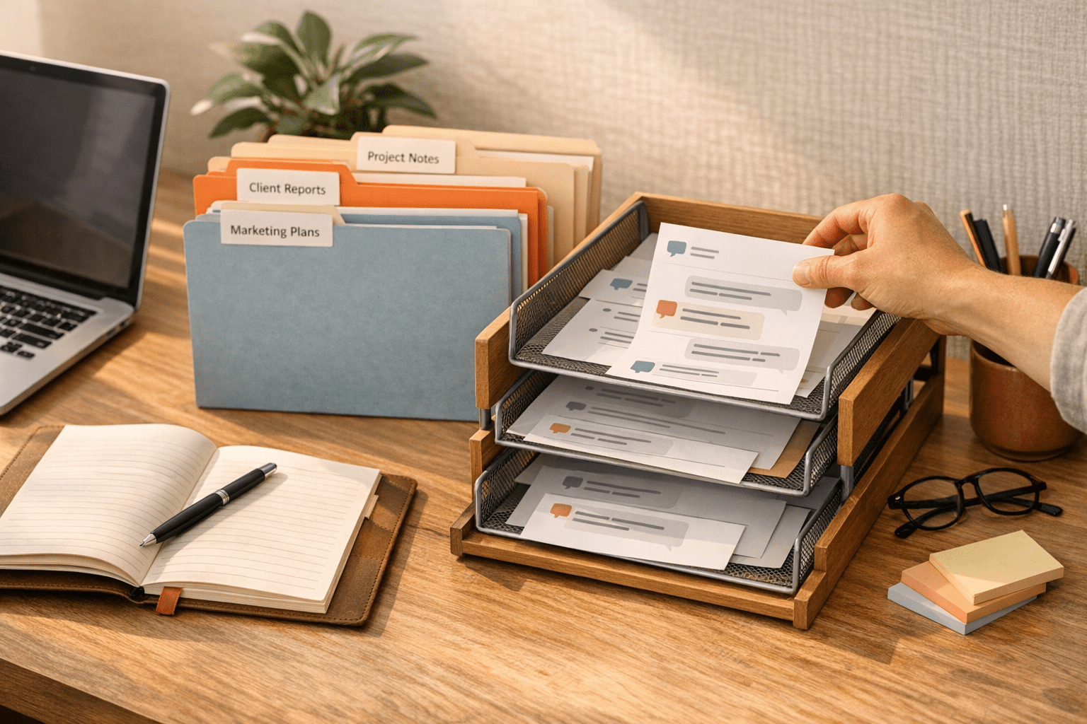 A calm office desk with organized folders, notes, and a laptop representing AI conversations being stored in the right business system.