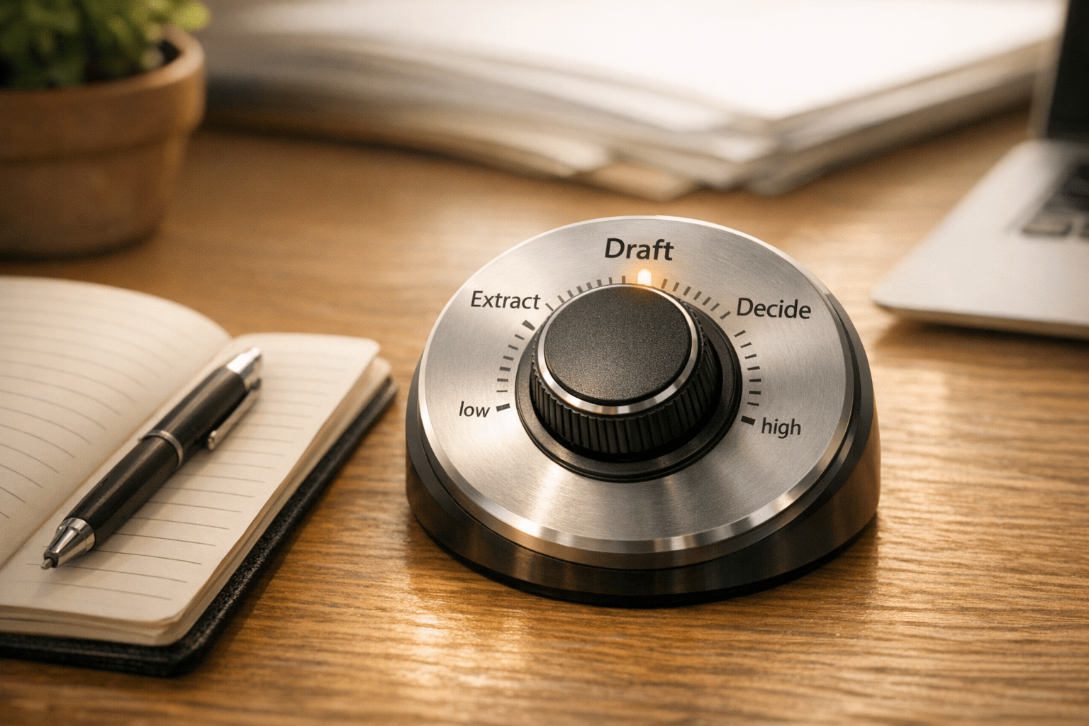 A calm office desk with a physical dial labeled from simple task to high judgment, representing AI workflow effort calibration.