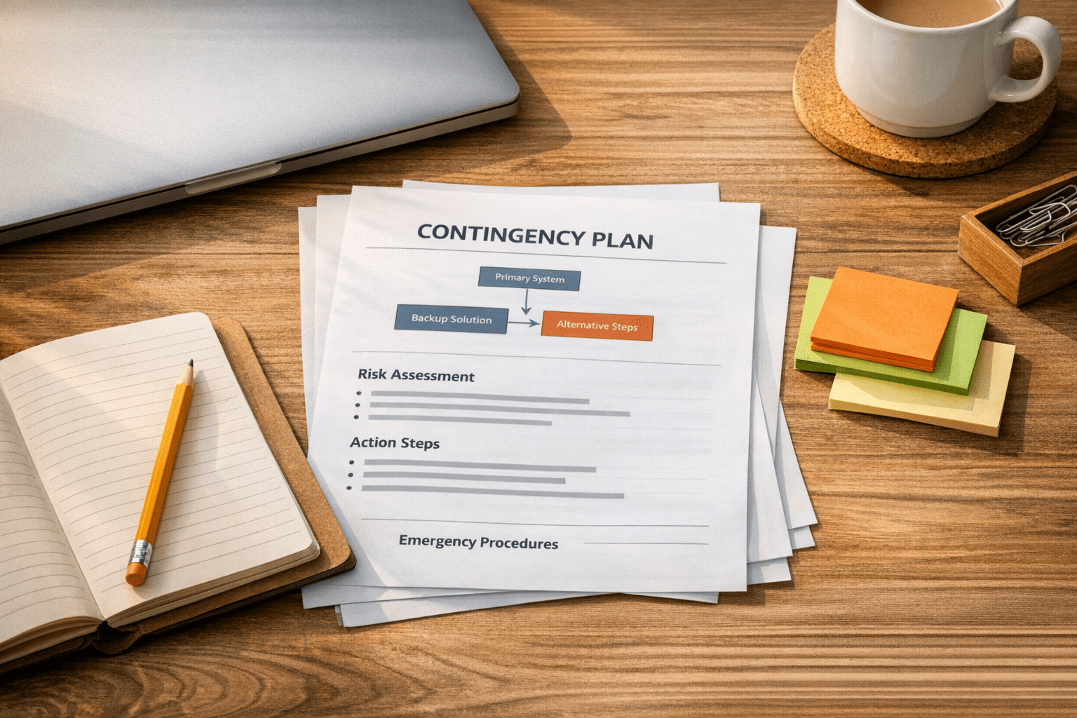 A calm office desk with a printed contingency plan, laptop, notebook, and sticky notes representing AI workflow fallback planning.