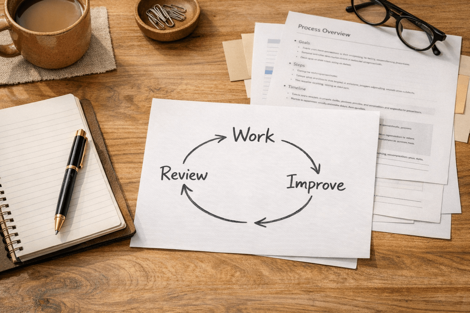 A calm office desk with printed notes, arrows, and a feedback loop sketch showing work being reviewed and improved.