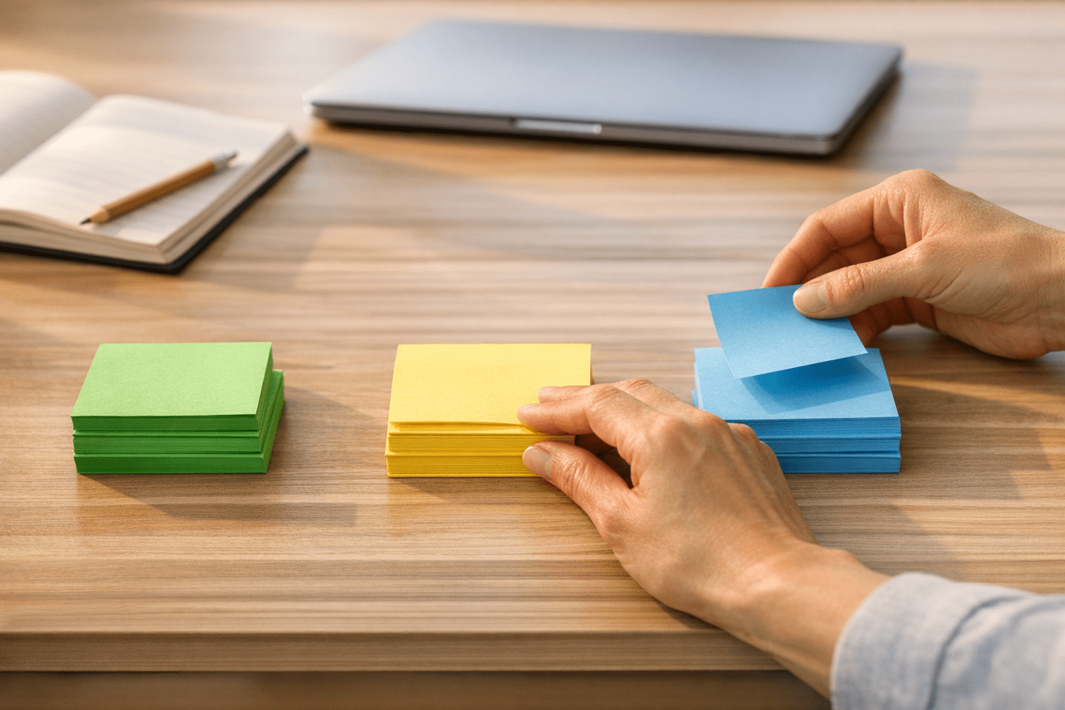 A tidy office desk with paper notes being sorted into keep, review, and archive piles, representing AI agent memory maintenance.