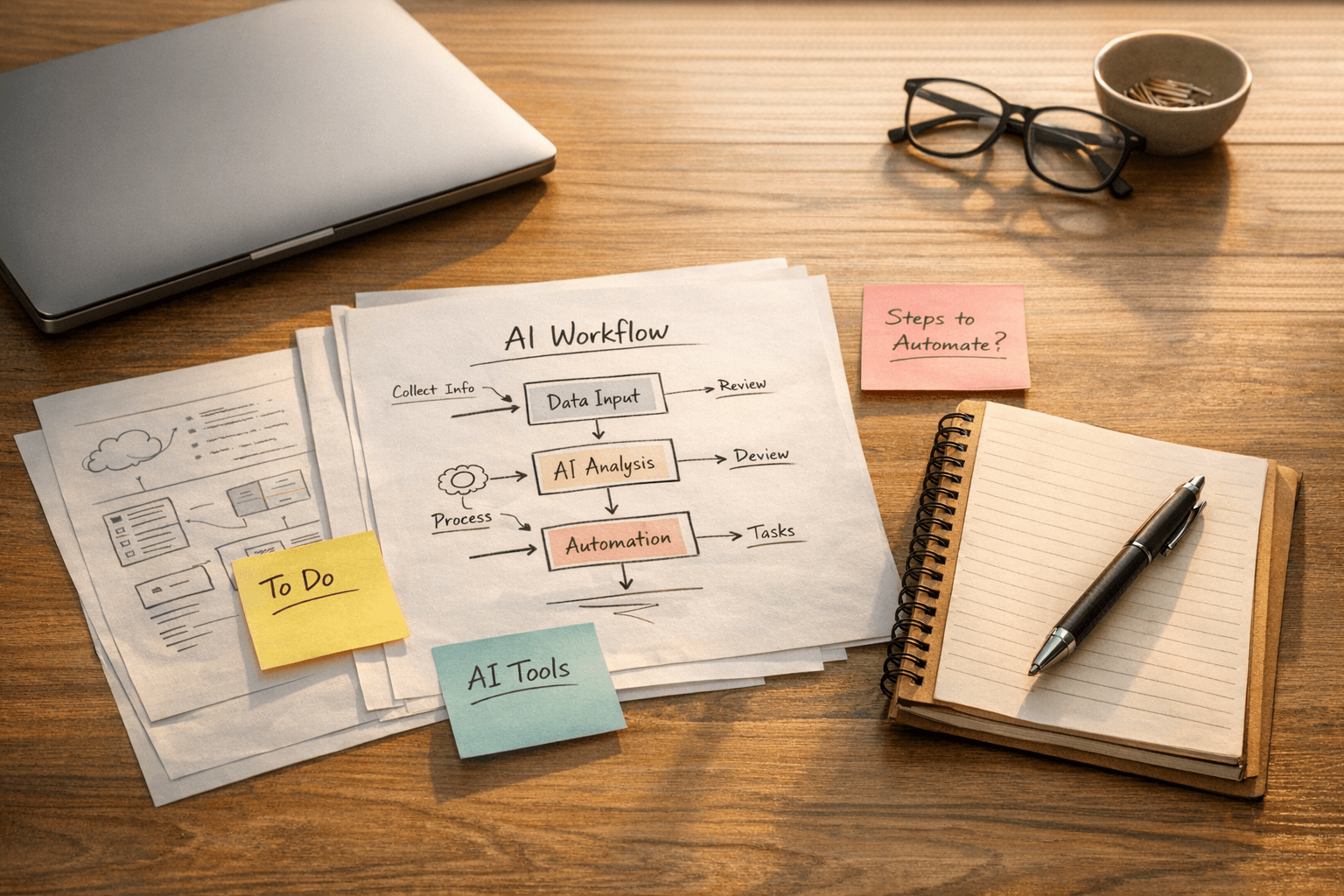 A calm desk scene with documents, notes, and a laptop representing an AI process built around real work.