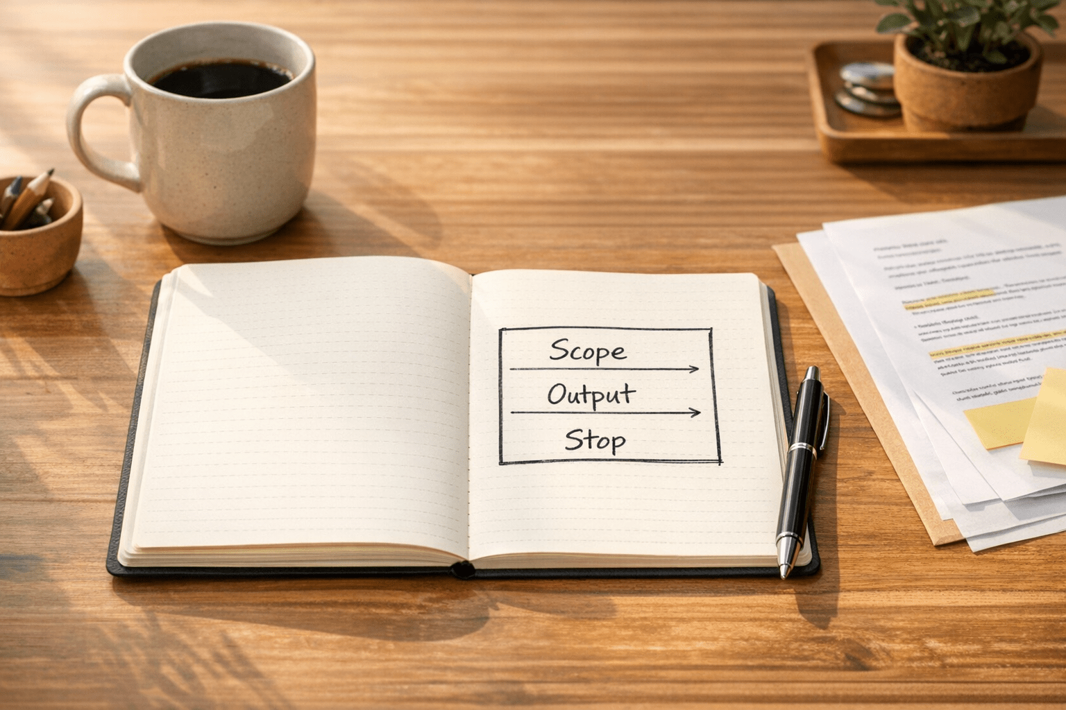 A tidy desk with a notebook, pen, and marked boundary lines representing scope control before running an AI task.