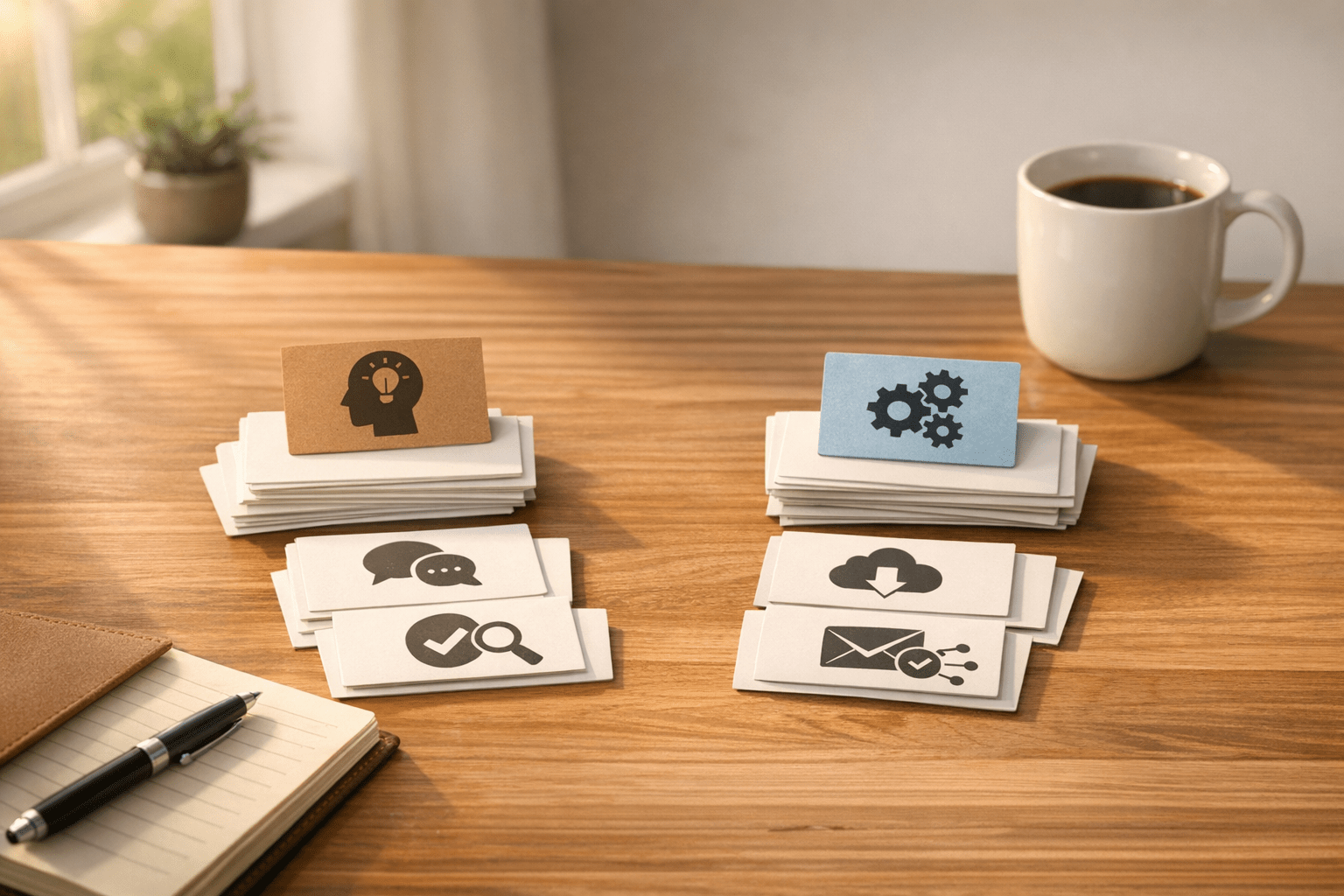 A calm office desk with paper cards separating human judgment tasks from automation tasks