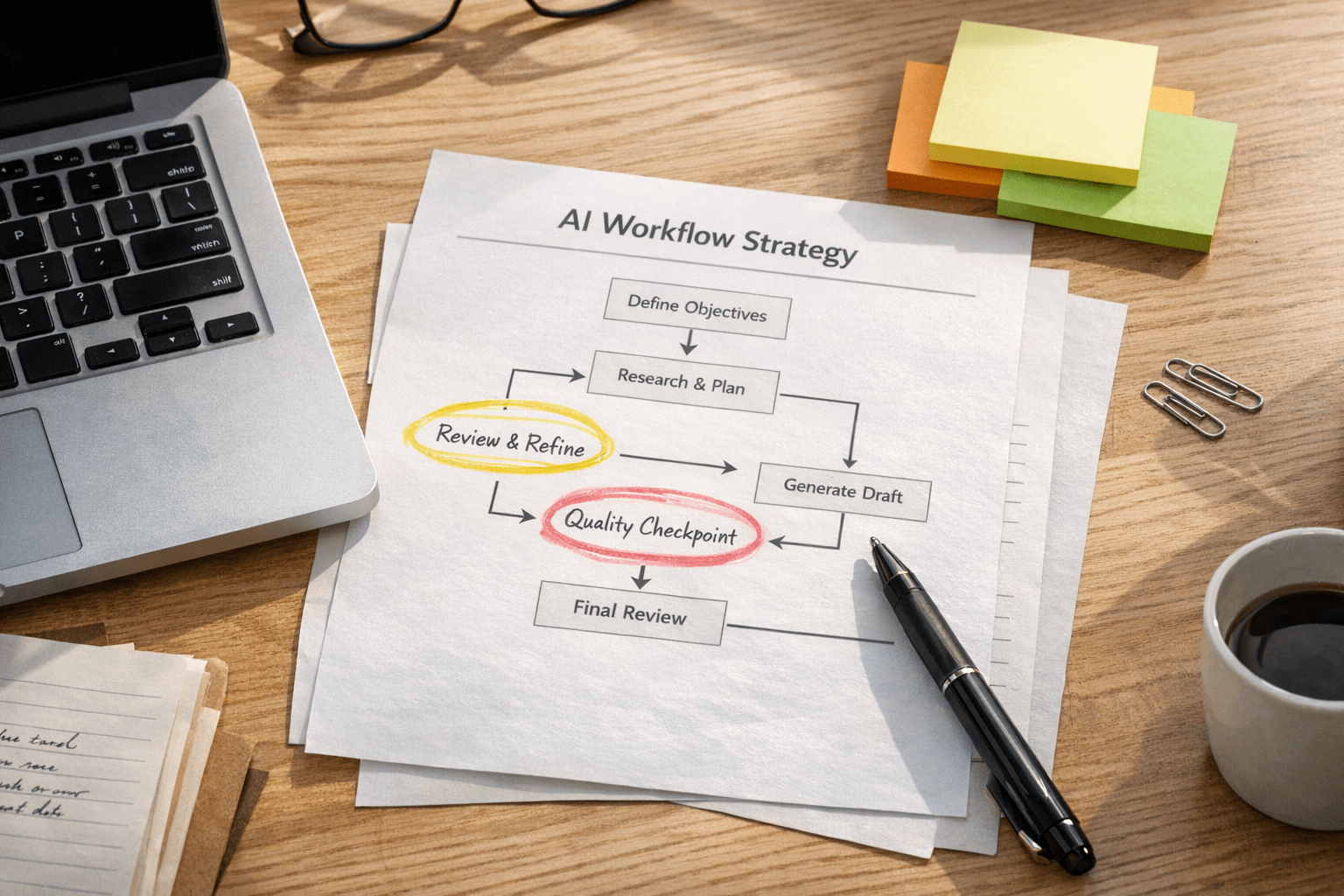 A calm office desk with printed workflow notes, a laptop, and highlighted human review checkpoints for AI automation planning.