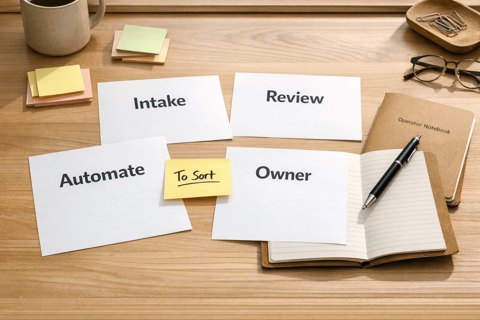 A calm office desk with printed AI workflow pages, sticky notes, and a notebook for organizing business processes.