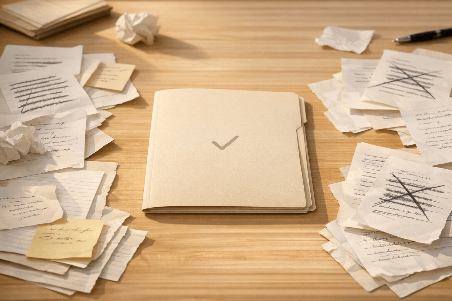A calm office desk with one clearly marked master folder surrounded by outdated scattered notes, showing the need for one current AI workflow source.