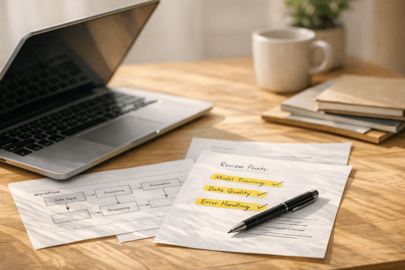 A calm office desk with printed workflow notes, a laptop, and marked review points showing the working layer behind AI automation.