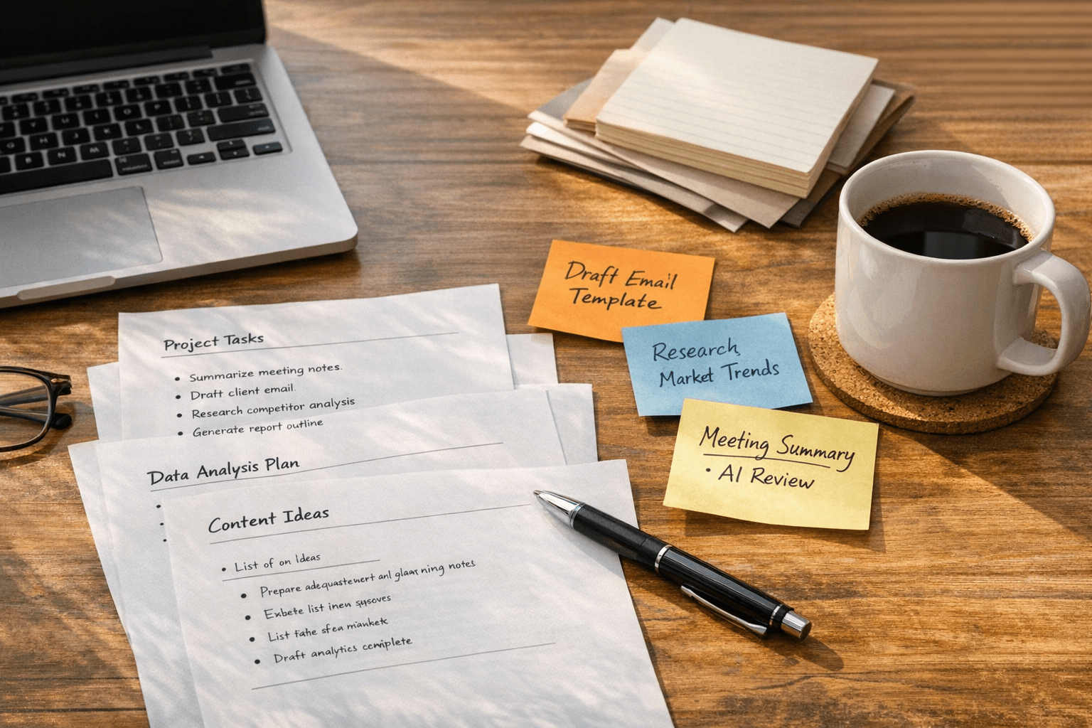 A calm office desk with printed task notes, a laptop, and sticky notes representing an AI workshop focused on real work.