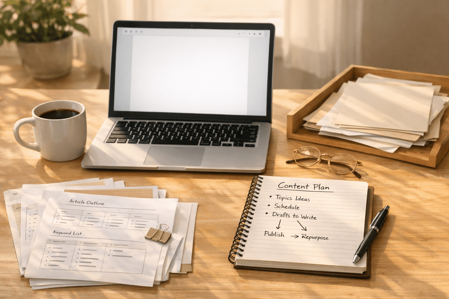 A calm desk with a notebook, printed notes, and a laptop showing a blank writing space ready to become a content workflow.