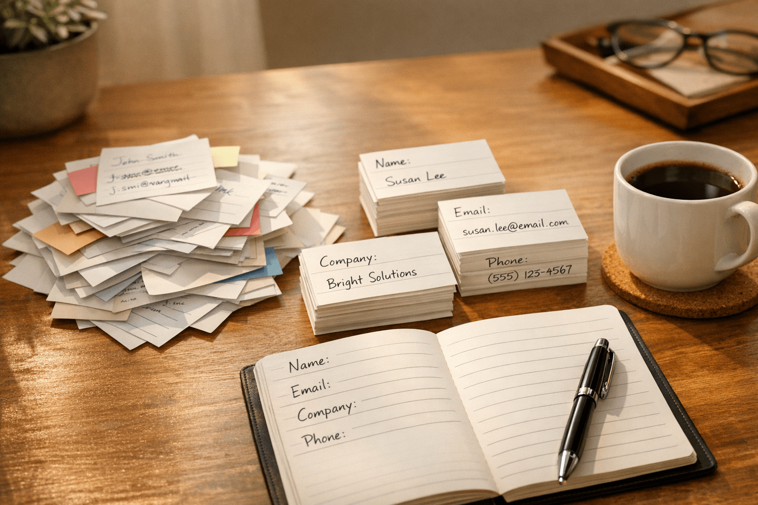 A clean desk with organized CRM record cards, a notebook, and a coffee cup representing reliable CRM data foundations.