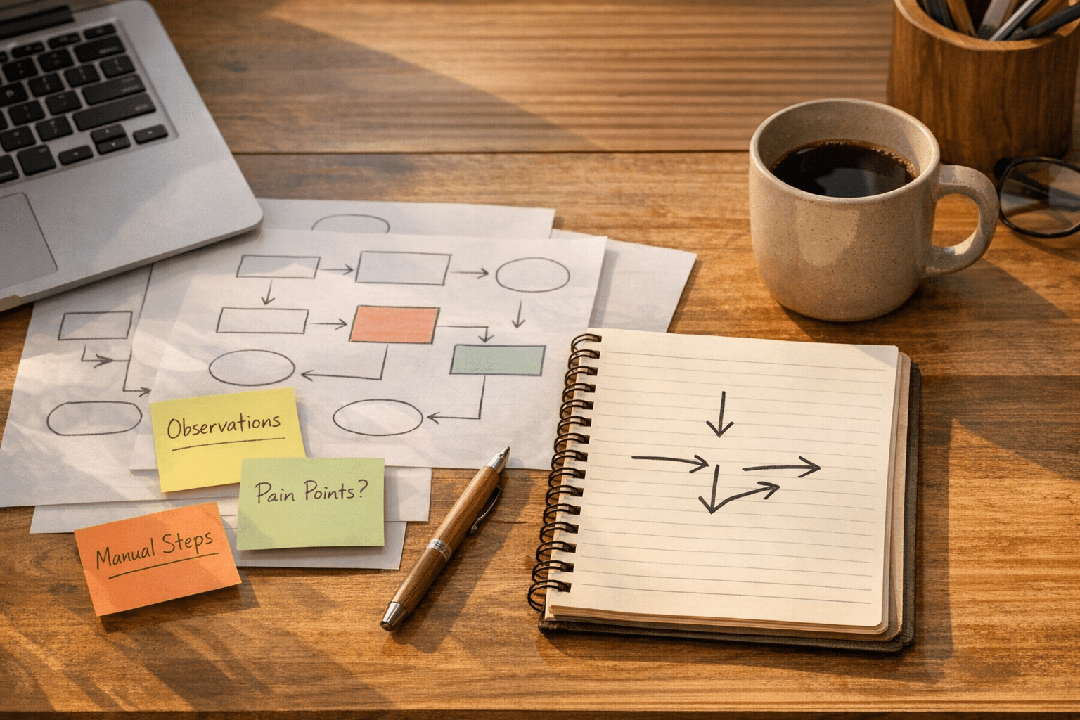 A calm office desk with printed notes, a laptop, and hand-marked workflow observations for planning automation close to the real work.